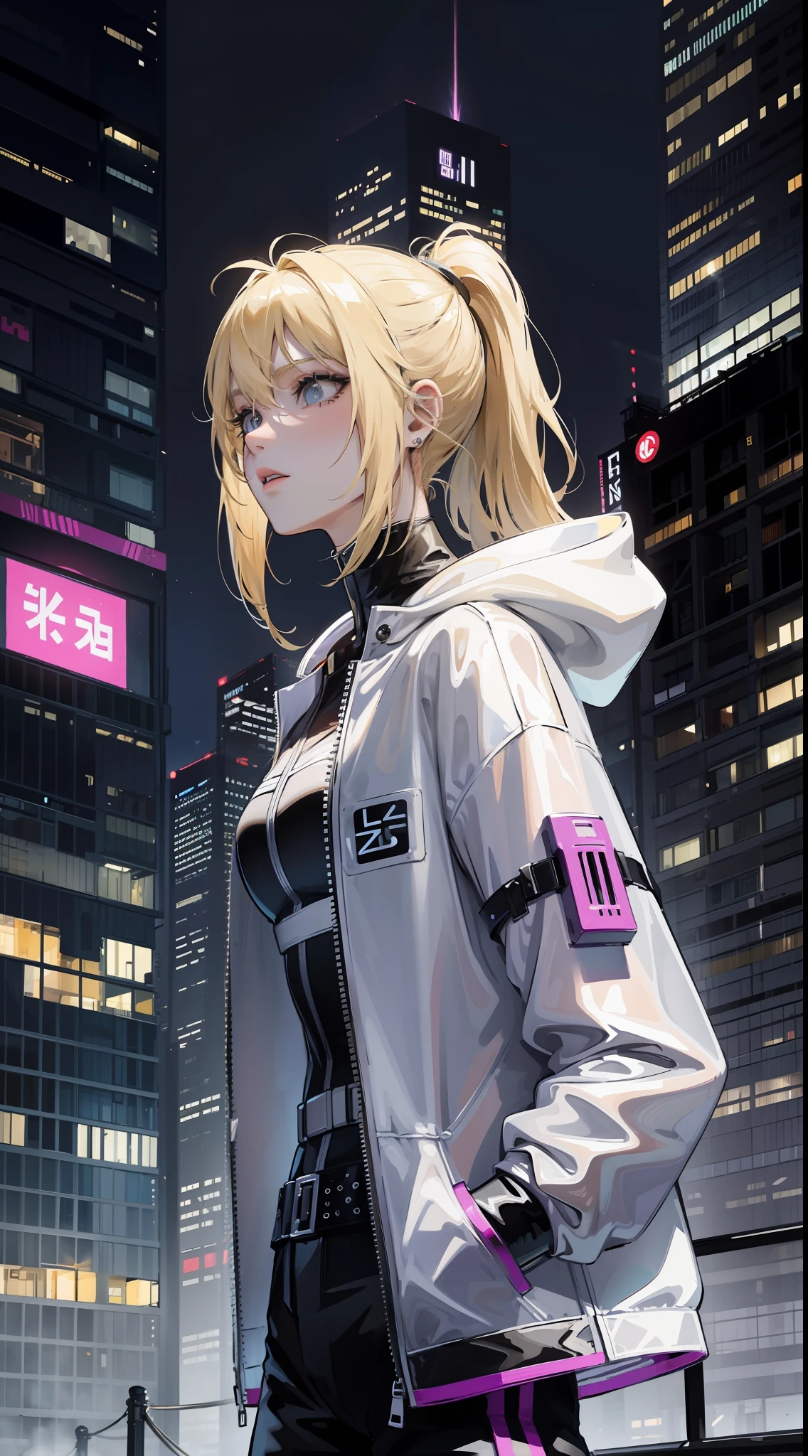 blond hairbl，Wear a plastic transparent jacket，Draw metal lines on your face，Inspired by:《cyber punk edge runner》，heroines"lucy"Plastic clothes，High-rise building with night light in the background