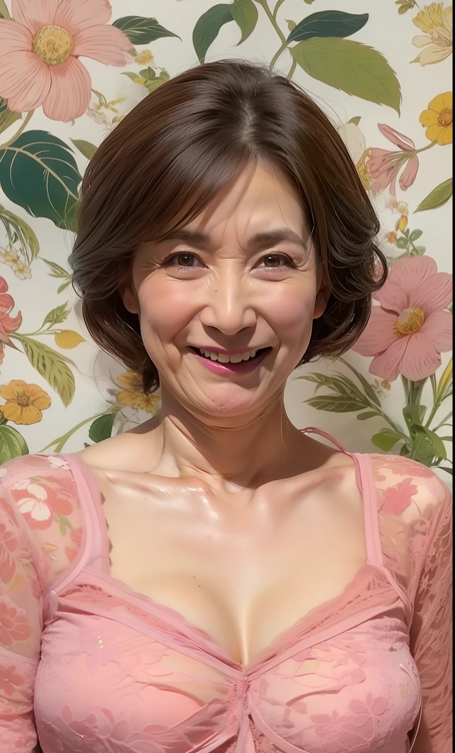 hight resolution, Original, (flat-colors:0.9),(colourfull:1.1),(masterpiece:1,2), top-quality, masterpiece, hight resolution, Original, highly detailed wallpaper, Viewer's Perspective, Solo, portlate, (A MILF), 70yo, Mature Woman Body Set, Exposing breasts, showing teeth, Staring at this, Floral background, lace thin bra, areola showing through, teats see through, undergarment, (Mature), Natural wrinkles, ultra-realistic, Natural skin, Natural hair color,