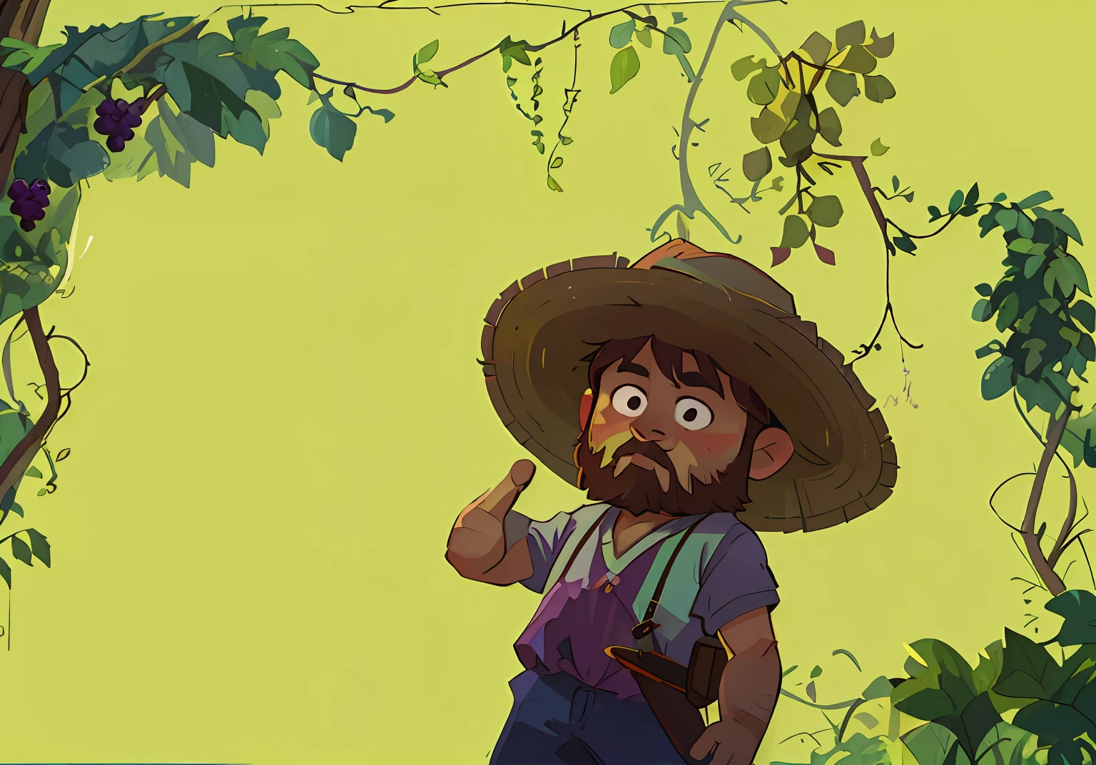 Illustration of a fruit farmer wearing a hat and beard giving a thumbs up, shaded animation cel, Wear a brown straw hat, character with a hat, grapes、Grapes and grape leaves,production animation cel, animated still, animated still, farmer, animated movie still, Inspired by Augustin Fernandez,, old man, artwork of pedro bell