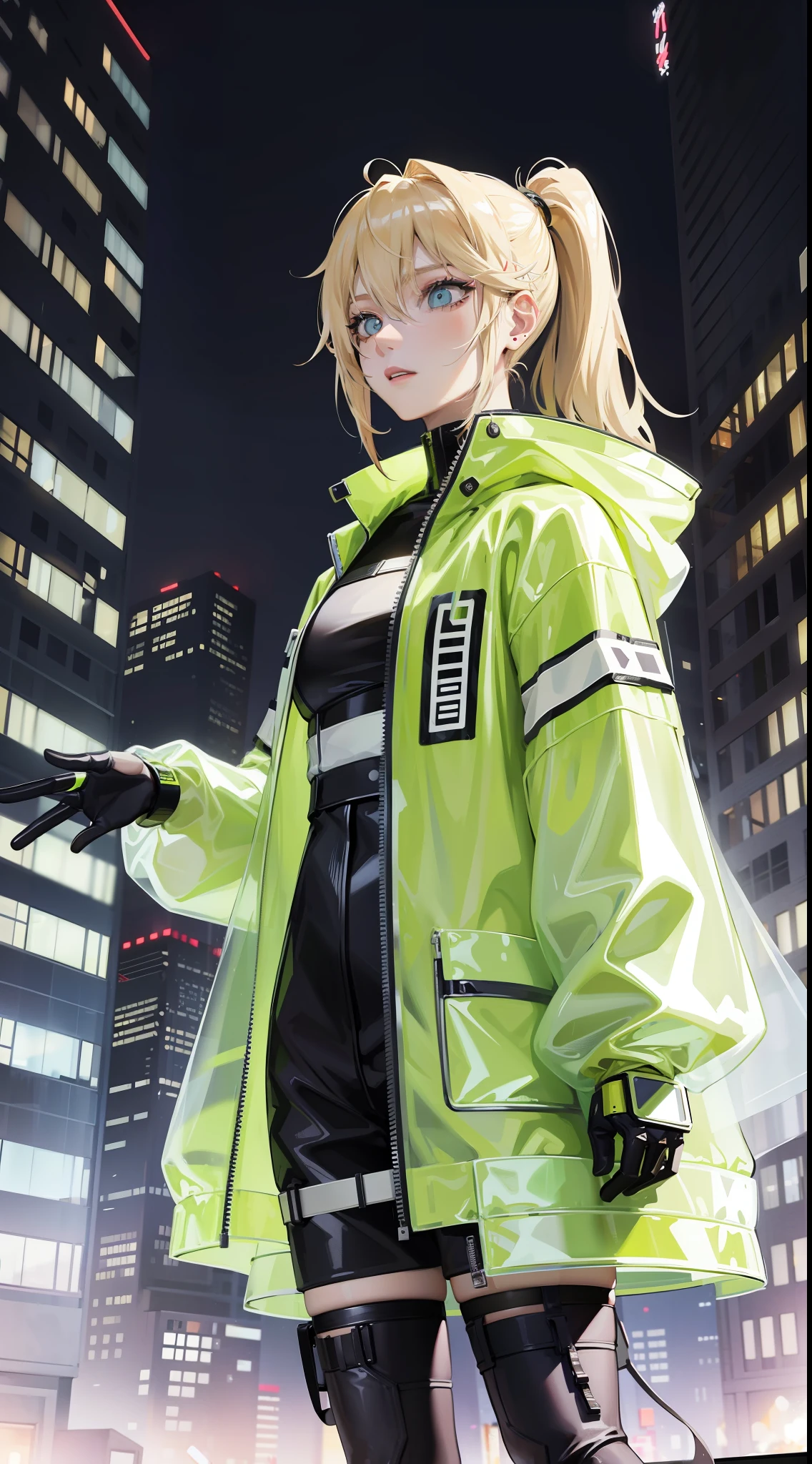 blond hairbl,Wear a plastic transparent jacket,Draw metal lines on your face,Inspired by:《cyber punk edge runner》,heroines"lucy"Plastic clothes,High-rise building with night light in the background