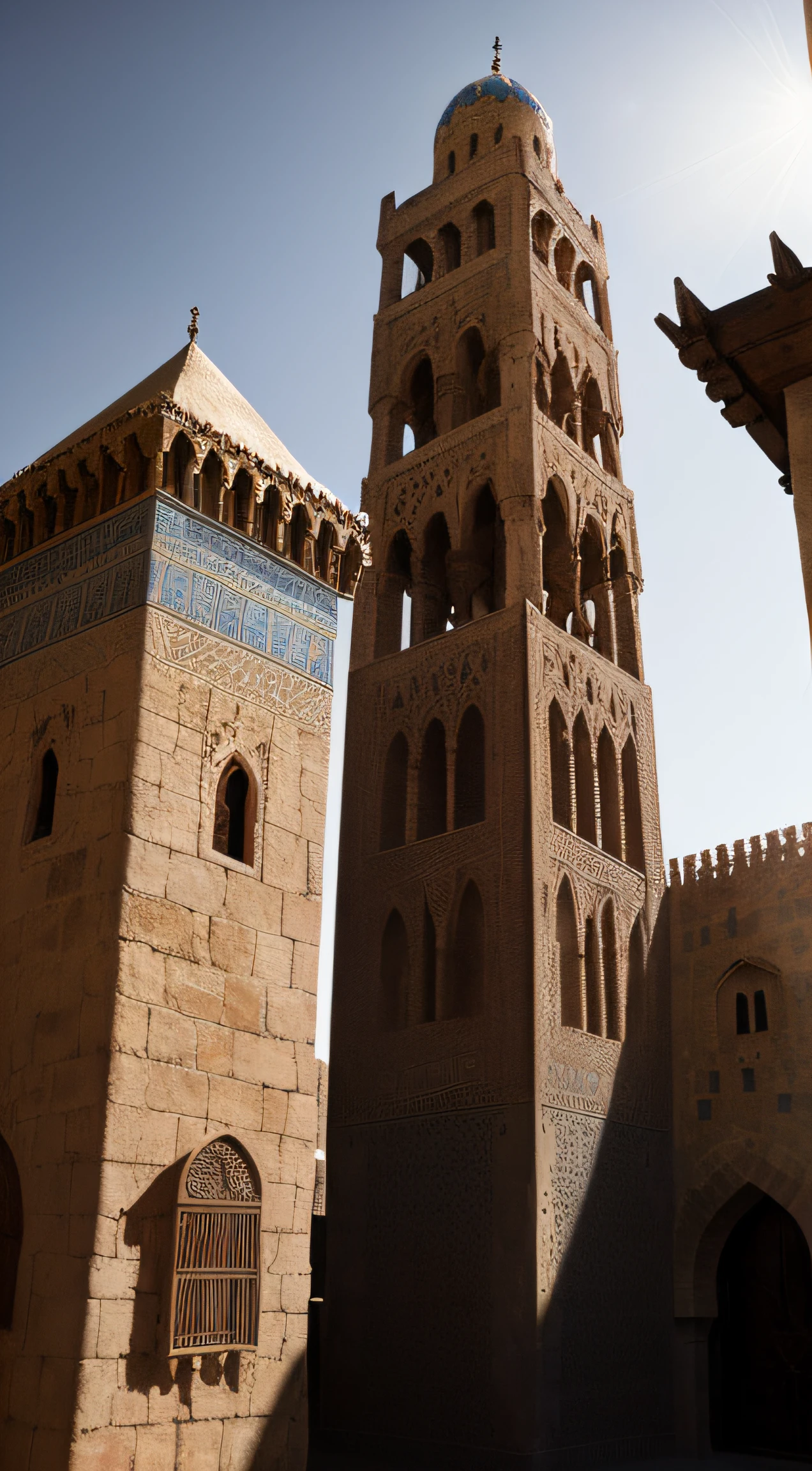 close up depiction of a medieval fantasy north african traditional tower, exterior, medieval fantasy north african architecture, elaborate, in a medieval fantasy north african traditional city, (backlighting), realistic, masterpiece, highest quality, lens flare, shade, bloom, [[chromatic aberration]], by Jeremy Lipking, by Antonio J. Manzanedo, digital painting