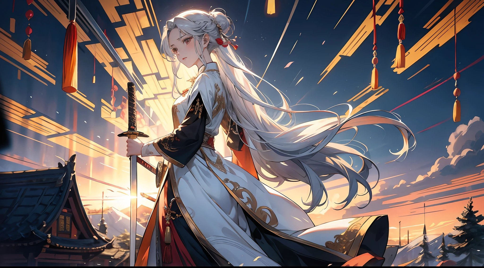 Best Picture Quality，tmasterpiece，超高分辨率，16K，Very detailed faces，art  stations，poster for，Intense use of color，Dramatic composition，电影灯光，One-man display，Absolutely beautiful，Glowing sword，Girl with sword in hand，Silvery-white hair，Long silver-white hair flowing away，Chinese long dress in gold silk，Hanfu，embroidery，Standing motion，looking at the distance，top hill background，hilltop，Front Shooting，Sword suspended in the air