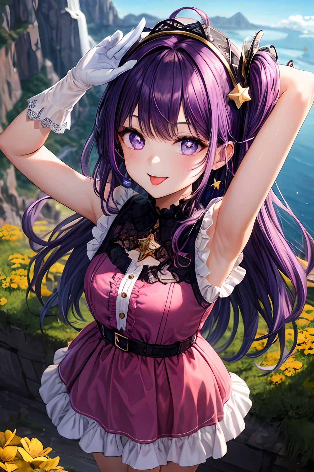 1girl, full body, cowboy shot, (Rembrandt), illustration, (masterpiece), (best quality), (ultra_detailed), finely detail, (Depth of field), HshinoAi,gloves, tongue out, tongue, long hair, star \(symbol\), looking at viewer, (purple hair:1.2), purple eyes, upper body, hair ornament, :p, frills, pink shirt, smile, sleeveless, shirt, idol, symbol-shaped pupils, hands up, bangs, one side up, star-shaped pupils, arms up, Hoshino AI pose dress pull, Roaring Twenties, isometric, from above, sky, flower, cliff
