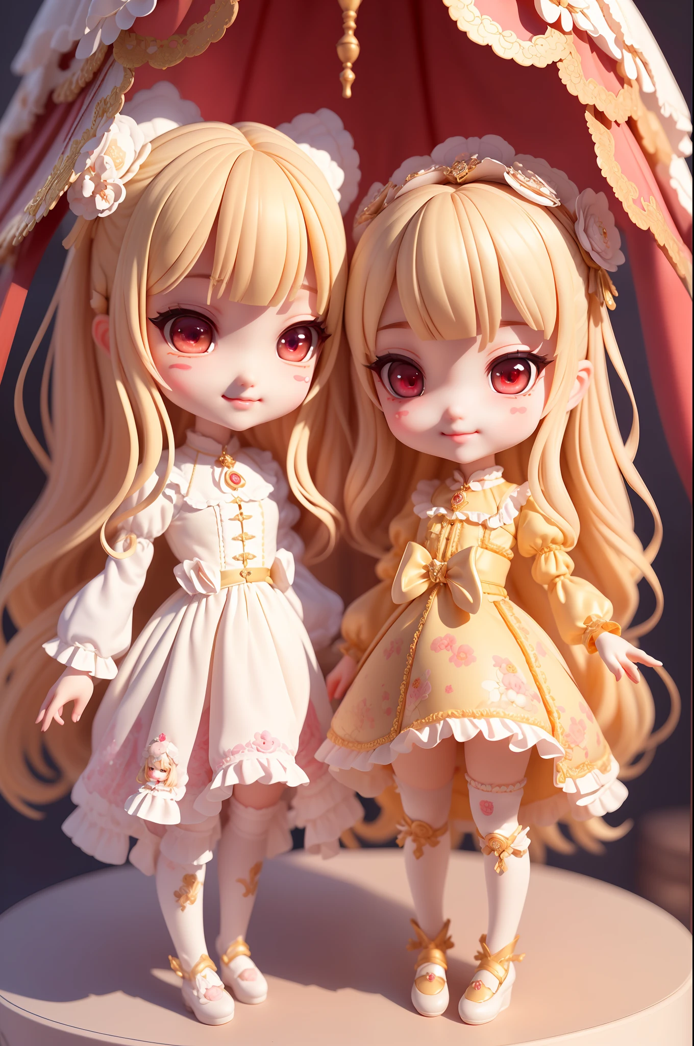 (masterpiece)、(top-quality)、(ultra-detailliert)、(Anatomically correct)、(beautifull detailed face)、(beatiful detailed eyes)、 1人、Two-headed body、Chibi、cute little、red eyes、a blond、bangss、blush stickers、A smile、Antique furniture、a canopy bed、LolFashion