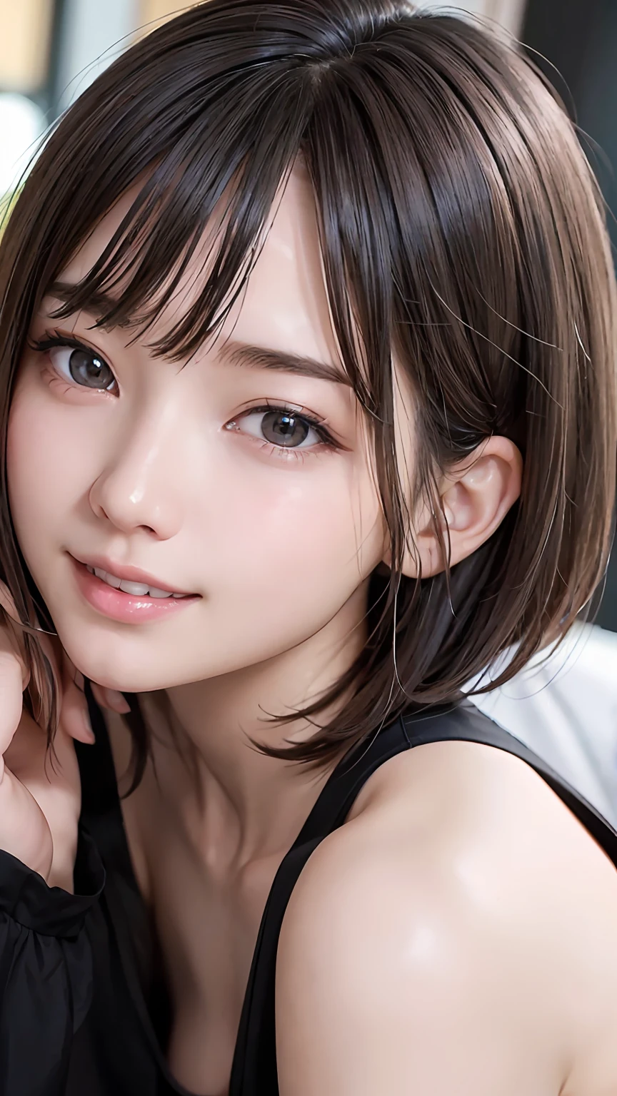 ​masterpiece, The highest image quality, hightquality, beautiful a girl, japanes, Japan girl, natural make up, detaileds, Swollen eyes, A detailed eye, Detailed skin, Beautiful skins, 超A high resolution, (Realistis:1.4)、cute little, Beautiful skins, (Dark blonde hair:1)、(short-hair:1.1)、short-hair、 (A hyper-realistic), (illustratio), (hight resolution), (8K), (ighly detailed), (The best illustrations), (beautifully detailed eyes), (ultra-detailliert), (wall-paper), (详细的脸), looking at the viewers, finely detail、A detailed face、pureerosfaceace_v1、A smile、((Opening Mouth：1.2))、((Show your teeth and smile))、Looking straight ahead、Looking straight ahead、angle from waist up、photos realistic、Bright lighting、profetional lighting、17 ageer eyes、with round face