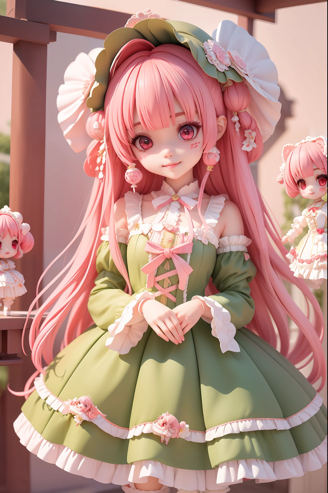 (​masterpiece)、(top-quality)、(ultra-detailliert)、(full body Esbian)、(Anatomically correct)、(beautifull detailed face)、(beatiful detailed eyes)、 女の子1人、Three-headed body、Chibi、cute little、red eyes、Pink hair、Twin-tailed、Green ribbon、bangss、blush stickers、A smile、Antique furniture、Canopied bed、lolita fashion、Head dress、knee sox、