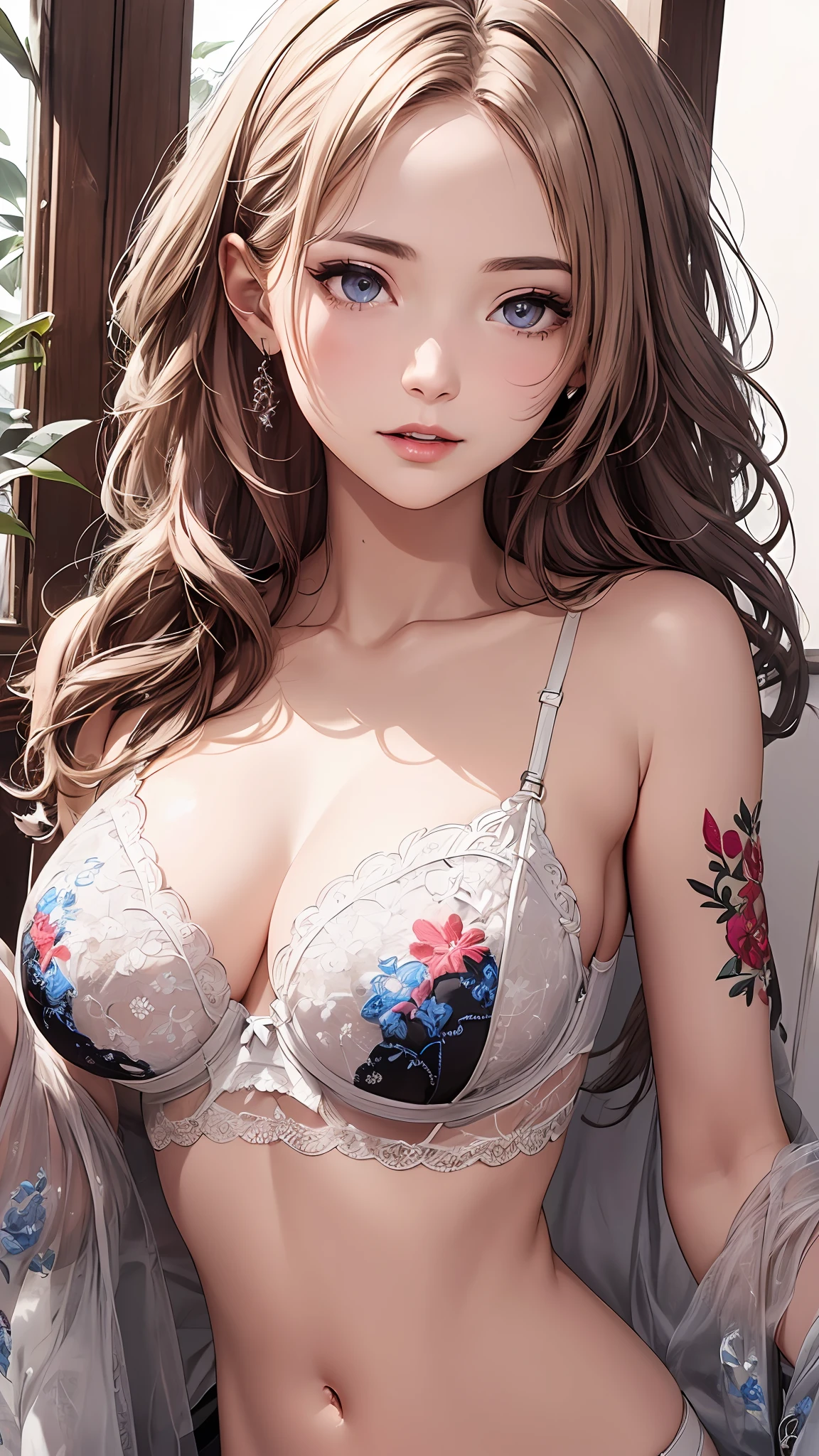 NSFW,Sexy,(White bra,white panties,+beautiful detailed Panties with colorful floral embroidery and gorgeous embroidery +:1.5),Salute,(Flower motif lingerie),(Gorgeous:1.2),(Lace,Detailed:1.3),(See-through:1.6),Large breasts,
break
Brown and pink inner colored hair, (eyebrows hidden by hair), (Mole under the eyes), (Purple eyes:1.1), medium breasts,thin lips,(slender),Happy, break
masterpiece, Best Quality,(Photorealistic: 1.4),Ultra High Resolution, Unity 8k, (Beautiful detailed eyes:1.6),Symmetrical, extra detailed face, Perfect Lighting, (Perfect hands, Perfect Anatomy),(white background:1.3)