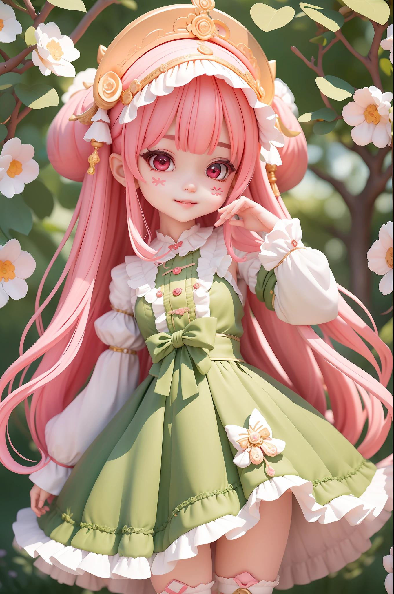 (​masterpiece)、(top-quality)、(ultra-detailliert)、(full body Esbian)、(Anatomically correct)、(beautifull detailed face)、(beatiful detailed eyes)、 女の子1人、Three-headed body、Chibi、cute little、red eyes、Pink hair、Twin-tailed、Green ribbon、bangss、blush stickers、A smile、Antique furniture、Canopied bed、lolita fashion、Head dress、knee sox、