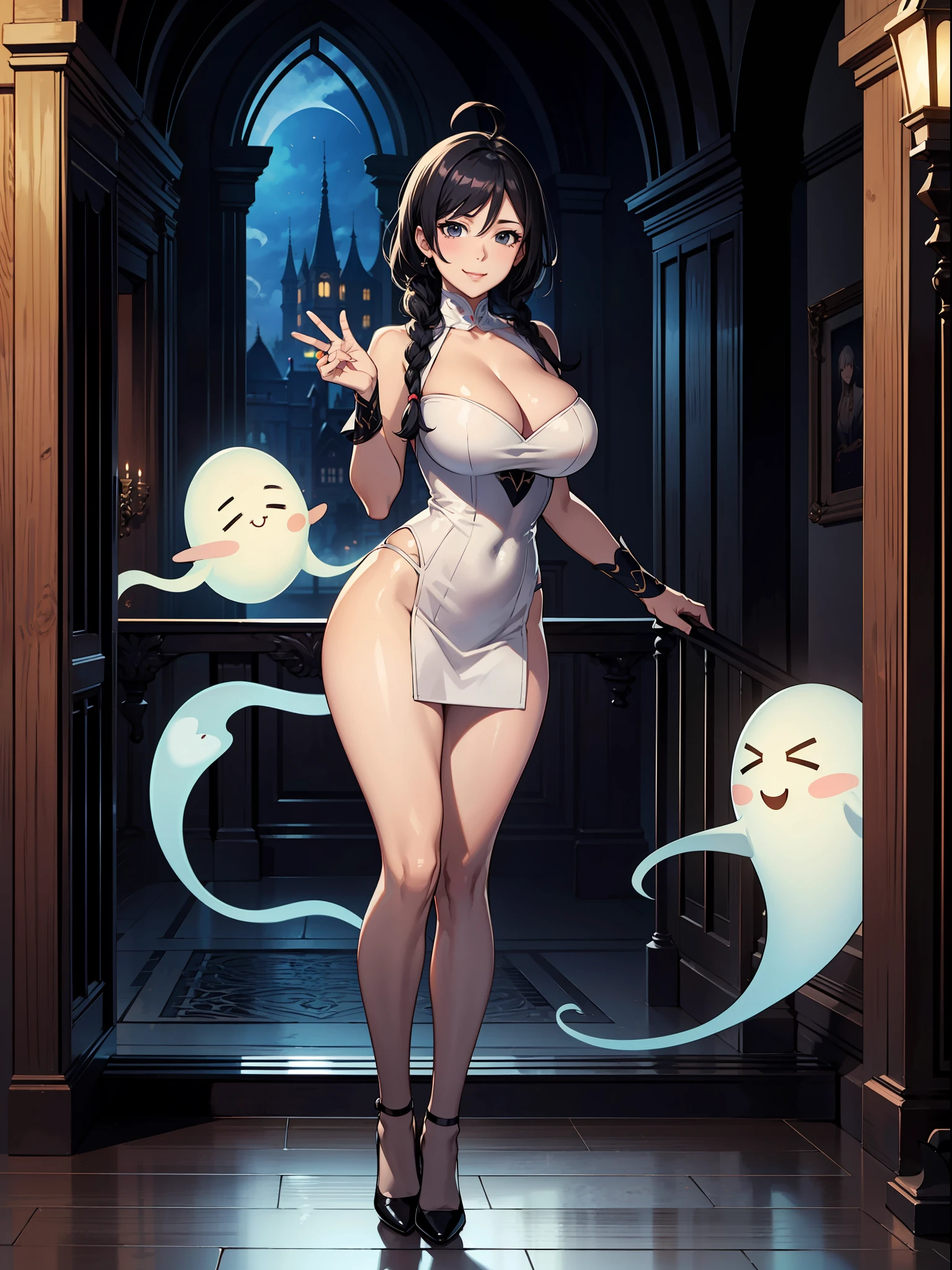 masutepiece, Best Quality, Ultra-detailed, kawaii, Cute, lovely, Sexy, Ero, Extremely detailed, 4K, 8K, Best Quality, Beautiful, Illustration, Full body, castle, Night, Pretty women, Solo, , Beautiful black hair, Ahoge,Braided hair,Beautiful black eyes, Beautiful eyes, (Super huge breasts 1.8), Smile,Side Standing Fancy Ghost,