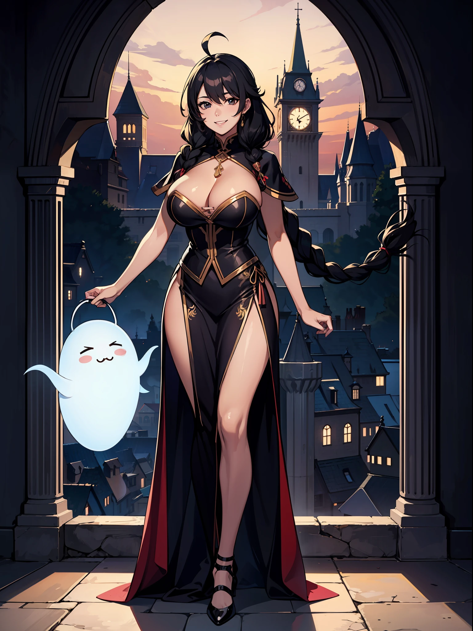 masutepiece, Best Quality, Ultra-detailed, kawaii, Cute, lovely, Sexy, Ero, Extremely detailed, 4K, 8K, Best Quality, Beautiful, Illustration, Full body, castle, Night, Pretty women, Solo, , Beautiful black hair, Ahoge,Braided hair,Beautiful black eyes, Beautiful eyes, (Super huge breasts 1.8), Smile,Side Standing Fancy Ghost,