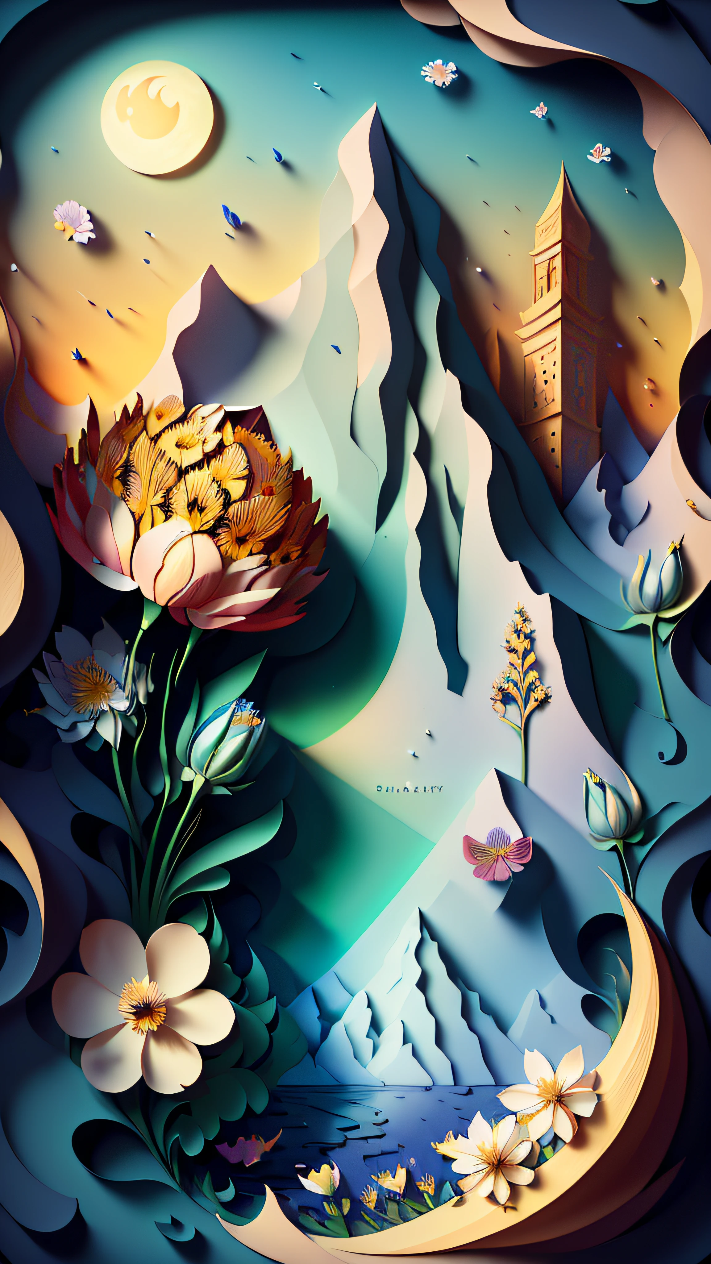 (masterpiece),(best quality), illustration, (fantasy:1.4), scenery, no human, Surrealism, drop shadow, anaglyph, stereogram, atmospheric perspective, 8k, super detail, accurate, best quality, UHD, a moon, (flowers:1.4) , paper_cut