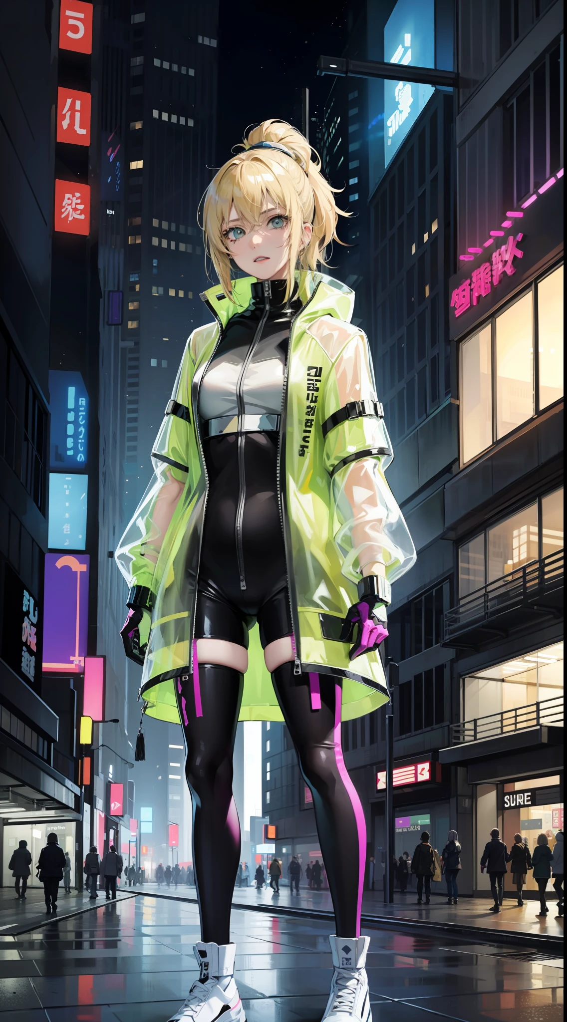 blond hairbl,Wear a plastic transparent jacket,Draw metal lines on your face,Inspired by:《cyber punk edge runner》,heroines"lucy"Plastic clothes,High-rise building with night light in the background
