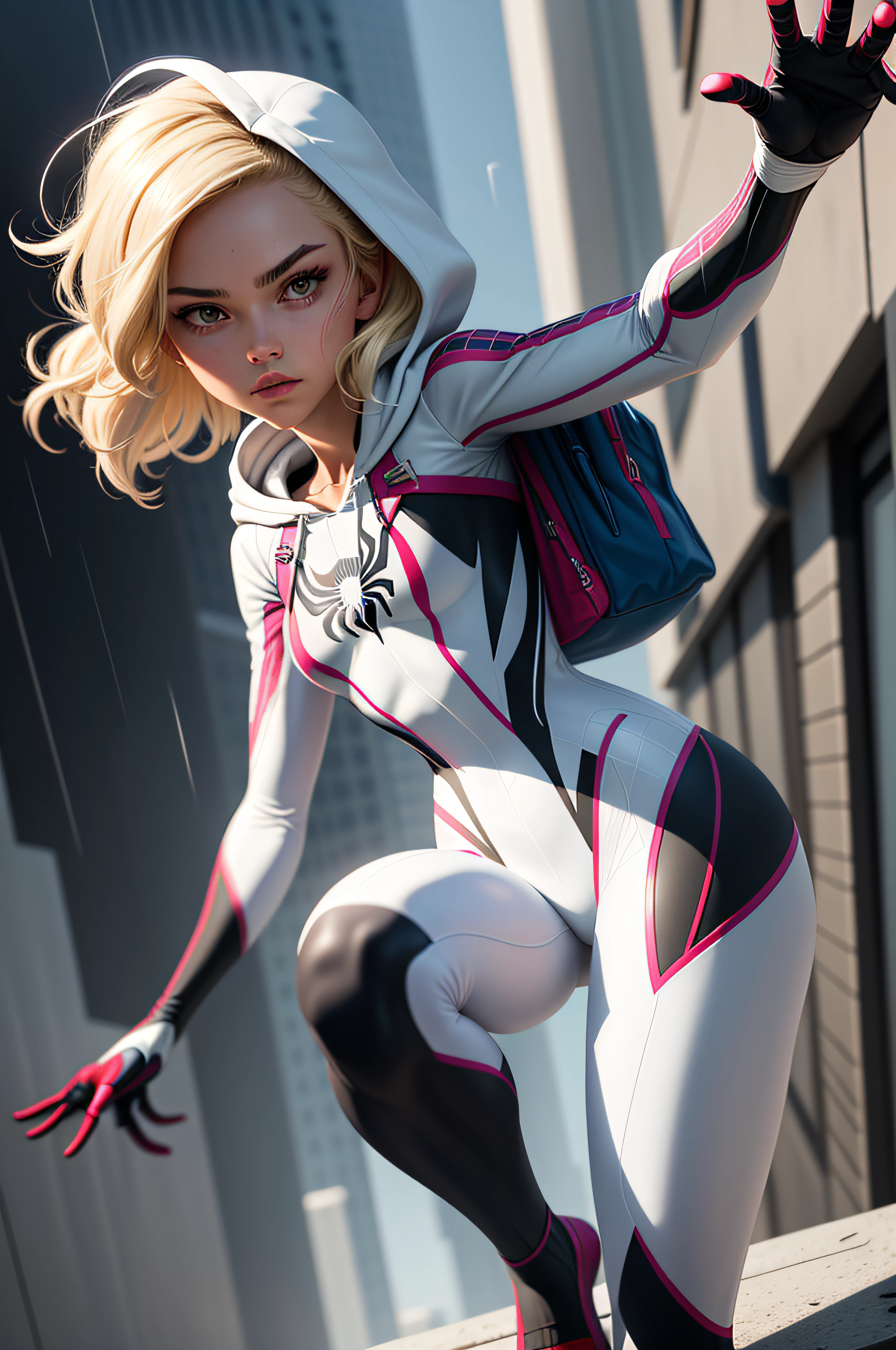 18yo SpiderGwen,White Spider-Man suit,short and wavy hair,blondehair,beautifulface,hoodie, action pose, lluvia,teto,The Masterpiece,exquisite detailing,Perfect anatomy,best qulity,ultra-highresolution,4k