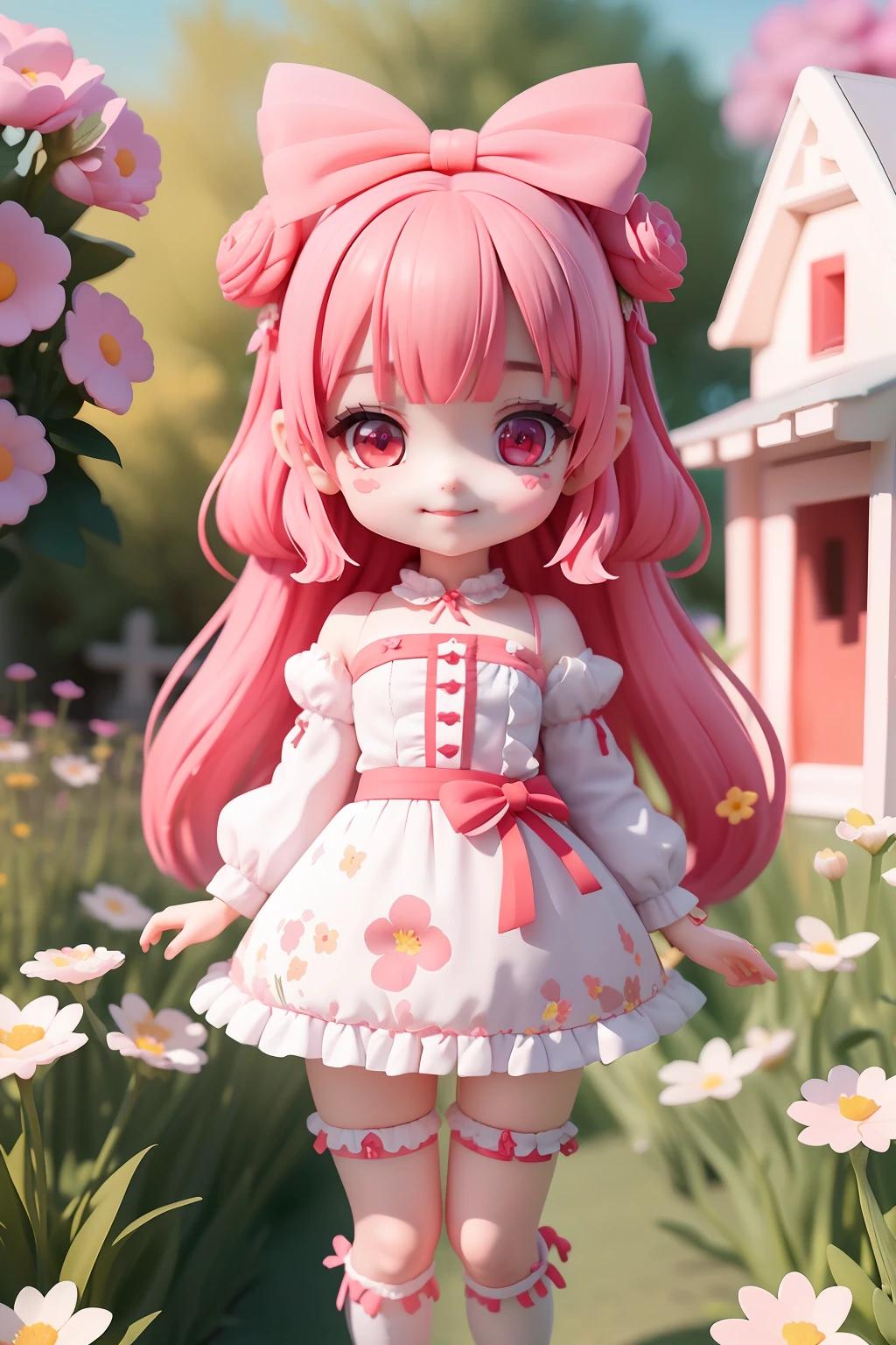 (​masterpiece)、(top-quality)、(ultra-detailliert)、(full body Esbian)、(Anatomically correct)、(beautifull detailed face)、(beatiful detailed eyes)、 女の子1人、Three-headed body、Chibi、cute little、red eyes、Pink hair、Twin-tailed、bow ribbon、bangss、blush stickers、A smile、open open mouth、outside of house、flower  field、A lot of colorful flowers、Cute dresses with ruffles、a miniskirt、knee sox、Floral hair ornament、