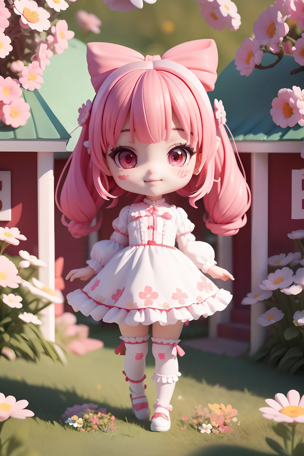 (masterpiece)、(top-quality)、(ultra-detailliert)、(full body Esbian)、(Anatomically correct)、(beautifull detailed face)、(beatiful detailed eyes)、 女の子1人、Three-headed body、Chibi、cute little、red eyes、Pink hair、Twin-tailed、bow ribbon、bangss、blush stickers、A smile、open open mouth、outside of house、flower field、A lot of colorful flowers、Cute dresses with ruffles、a miniskirt、knee sox、Floral hair ornament、