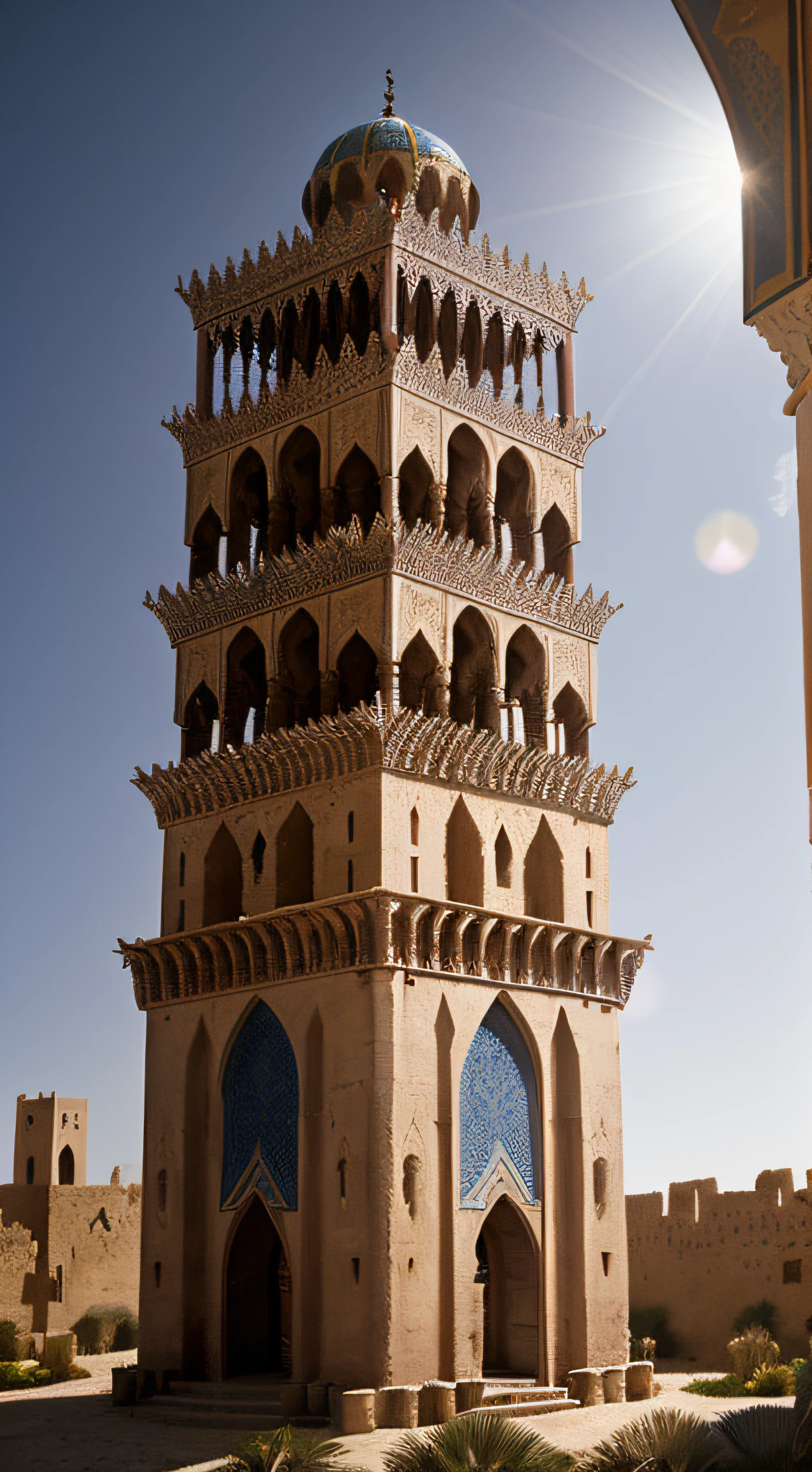 close up depiction of a medieval fantasy north african traditional tower, exterior, medieval fantasy north african architecture, elaborate, in a medieval fantasy north african traditional city, (backlighting), realistic, masterpiece, highest quality, lens flare, shade, bloom, [[chromatic aberration]], by Jeremy Lipking, by Antonio J. Manzanedo, digital painting