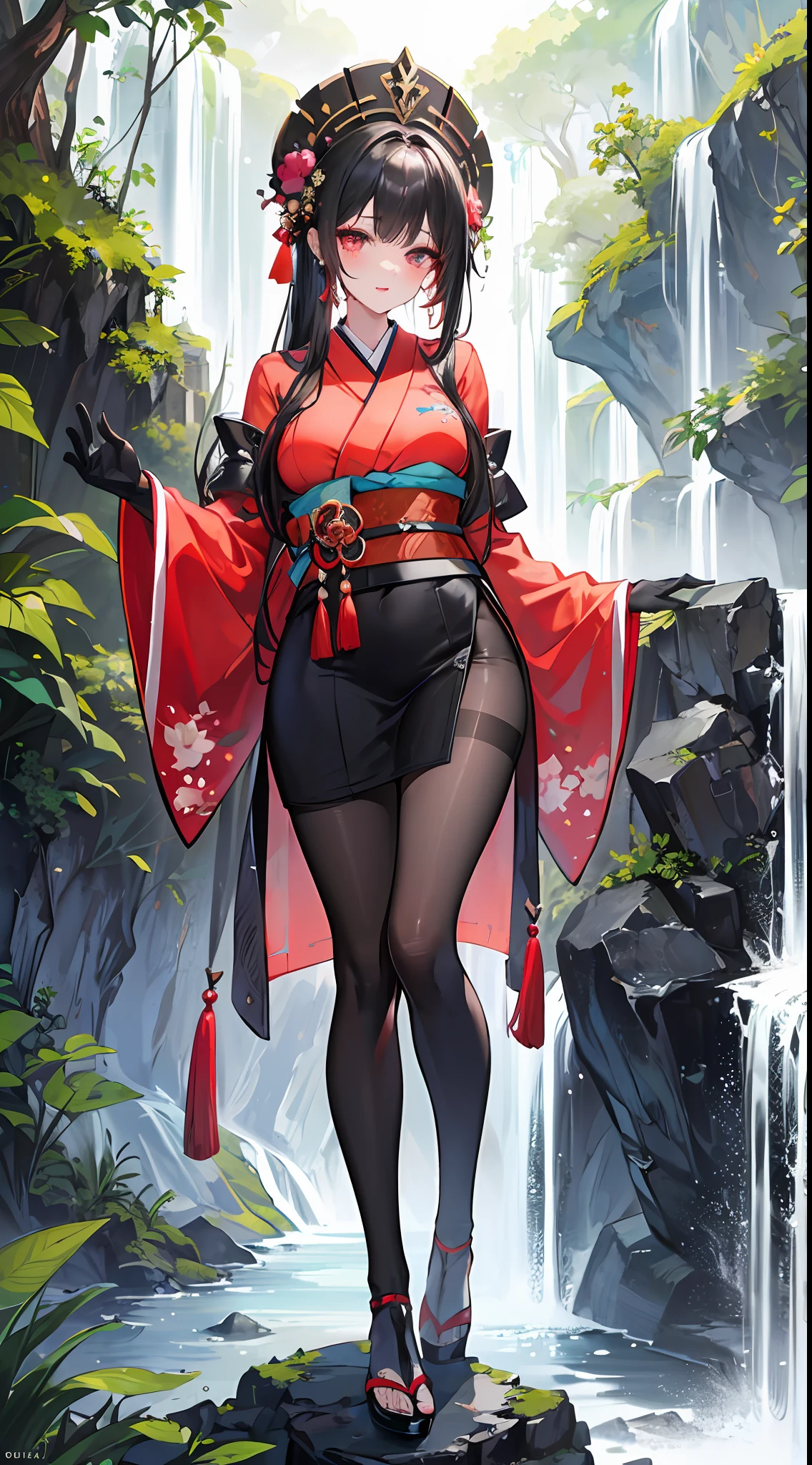 1girl, (solo:1.2), (half body shot:1.2), (Beautiful and detailed eyes description), (Beautiful and detailed face), Perfect female body, neat figure, slender waist, (young girl), (25 years old), long hair, red and black mix hair, very big eyes, glowing red eyes, large breasts, blush, wondering, lipstick, makeup,
demon, (tight clothes, sexy kimono:1.2), (black gloves:1.2), (black pantyhose:1.2), high heels, necklace, earrings, beautiful nature surrounding by waterfall,
(best quality), (ultra detailed), (masterpiece), (highres), (original), (extremely detailed CG unity 8K wallpaper), character design, game cg, detailed manga illustration, single character