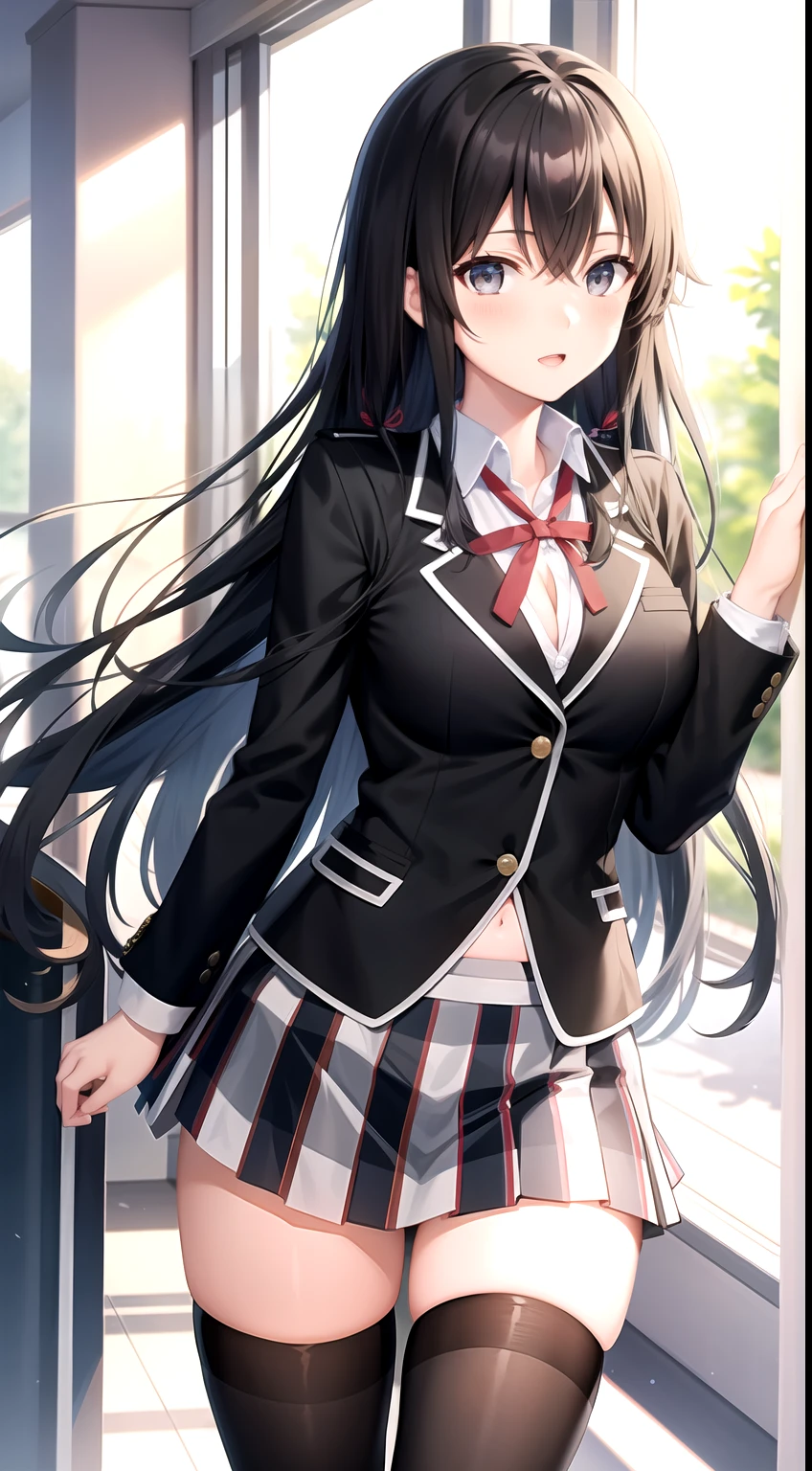 Yukino yukinoshita, long hair, medium breast, cleavage, navel, slim legs, black hair, blue eyes, short skirt, school uniform, thigh high socks, teen, happy