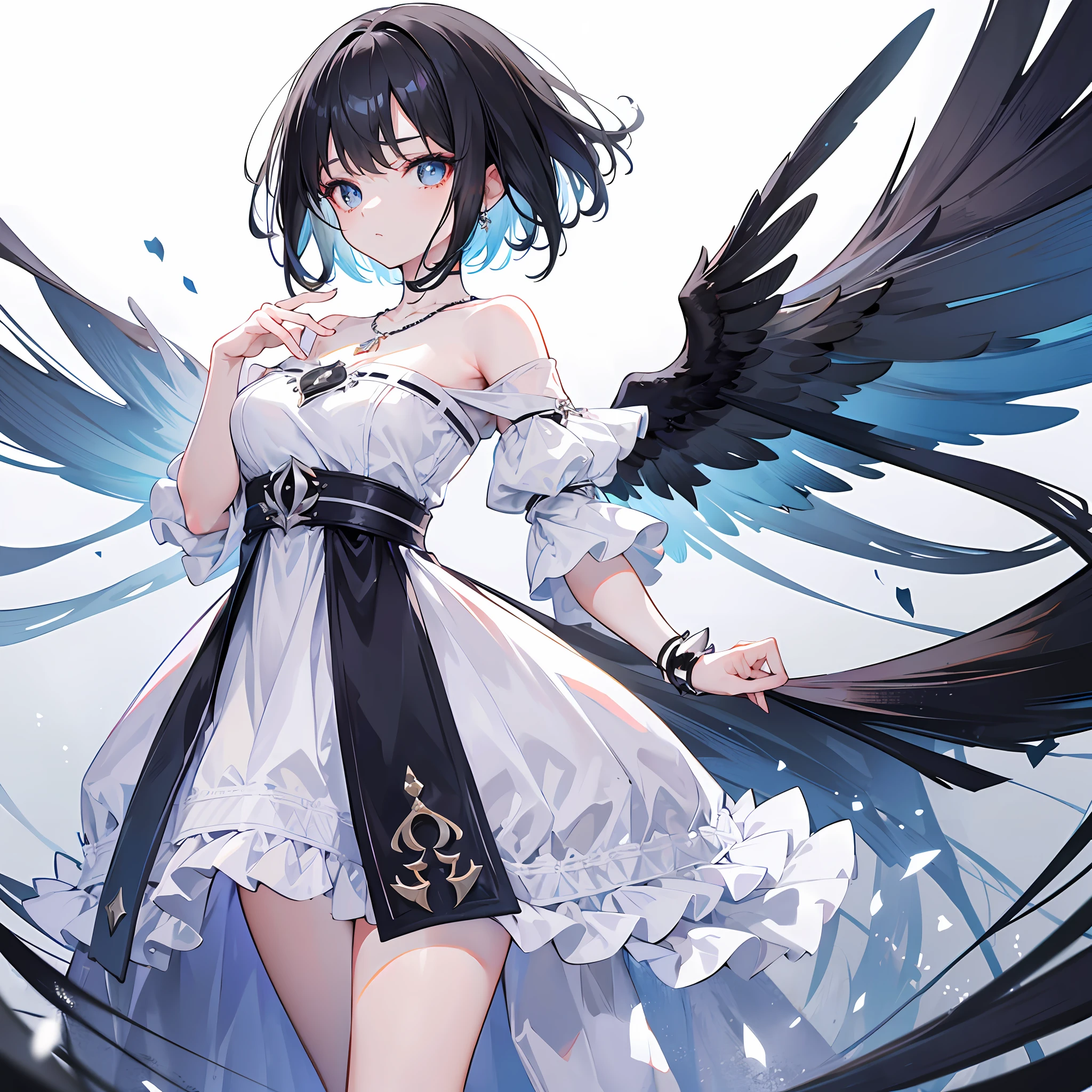 Cute adult girl standing, (Full body close-up), ((Plain White background)), pokerface, upright immovable, (1girl in:1.3), Bangs, a necklace, facing front, （Black cloth ), Crystal gray eyes, slender, masterful technique, Medium short hair, animetic, Solo, Bright black hair, masutepiece, Ultra Detail, [wide-hips], Beautiful Girl, (Detail Face), detail hands, ultra detail eyes, nothing face emotion, Beautiful eyes, symmetry, Super Detail, High quality, 8K. Looking down