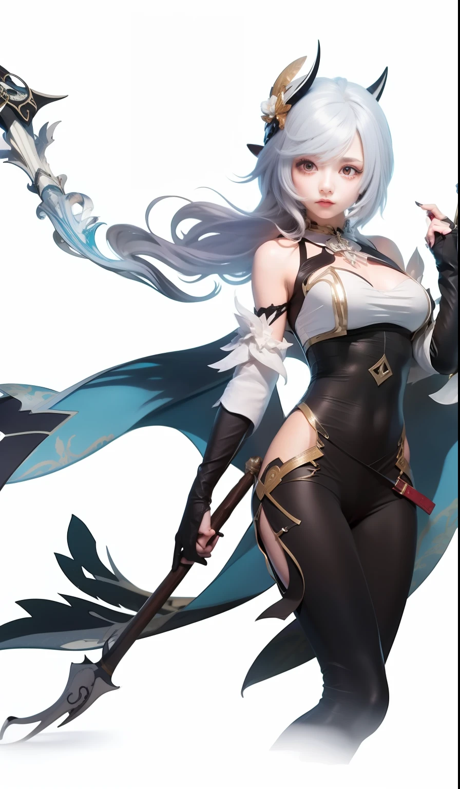 1girl, best quality, high quality, ultra detail, long hair, white hair, dress black white, trousers black, bring spear, face detail, delicate eyes, delicate face, delicate nose,