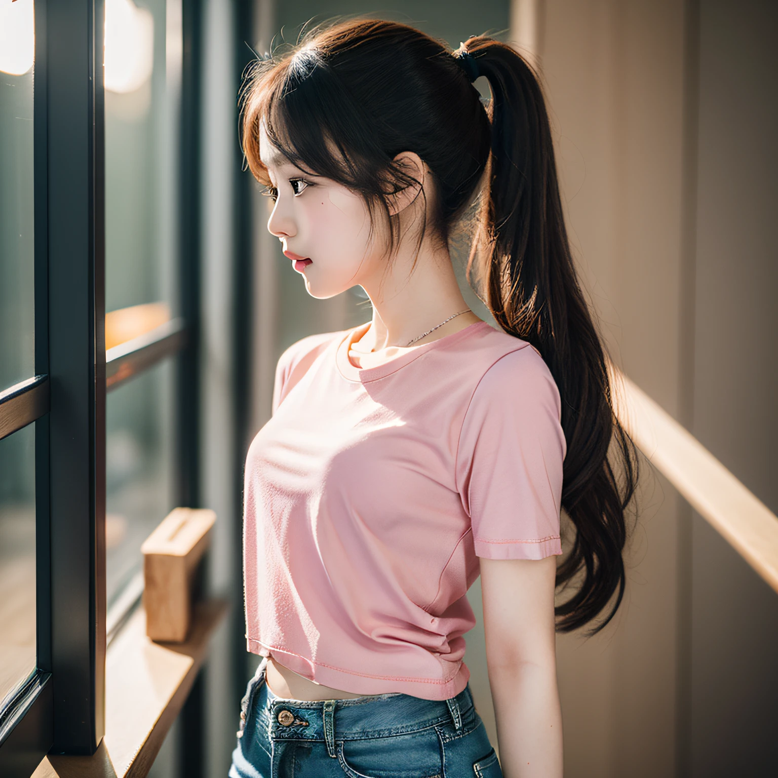 best qualtiy，tmasterpiece，超高分辨率，（fidelity：1.4），RAW photogr，1girl，denim pant，pink T shirt，Long hair with a ponytail，cinmatic lighting