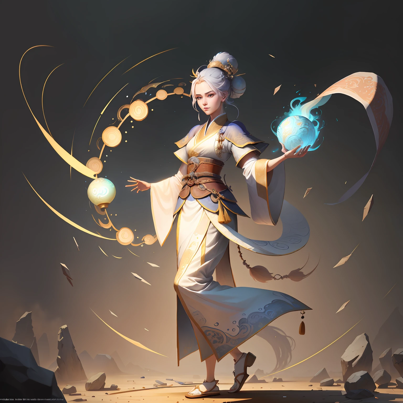 full body shot of,white backgrounid,A middle-level strategist during the Three Kingdoms period in ancient China,She is an 18-year-old woman,Wearing a traditional Hanfu robe with exquisite embroidery on the robe,Wear a bun on your head,Hand held fan,Look confidently into the distance,Elaborate Eyes,Mid-level general,dynamicposes,Game character design style,character design,8K,HD