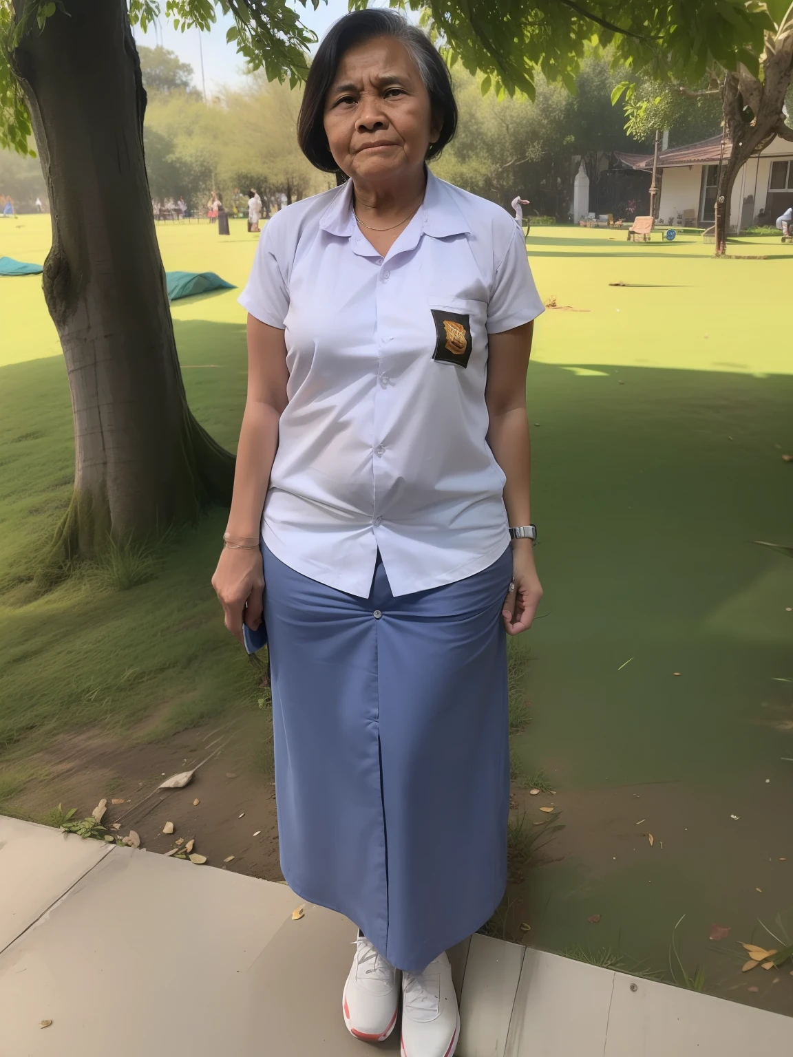 ((very old woman)), (Indonesian_high_school, sma), standing, outdoors, looking at the audience,(8k, RAW photo, best quality, masterpiece: 1.2), (realistic, realistic: 1.37), ultra-high resolution