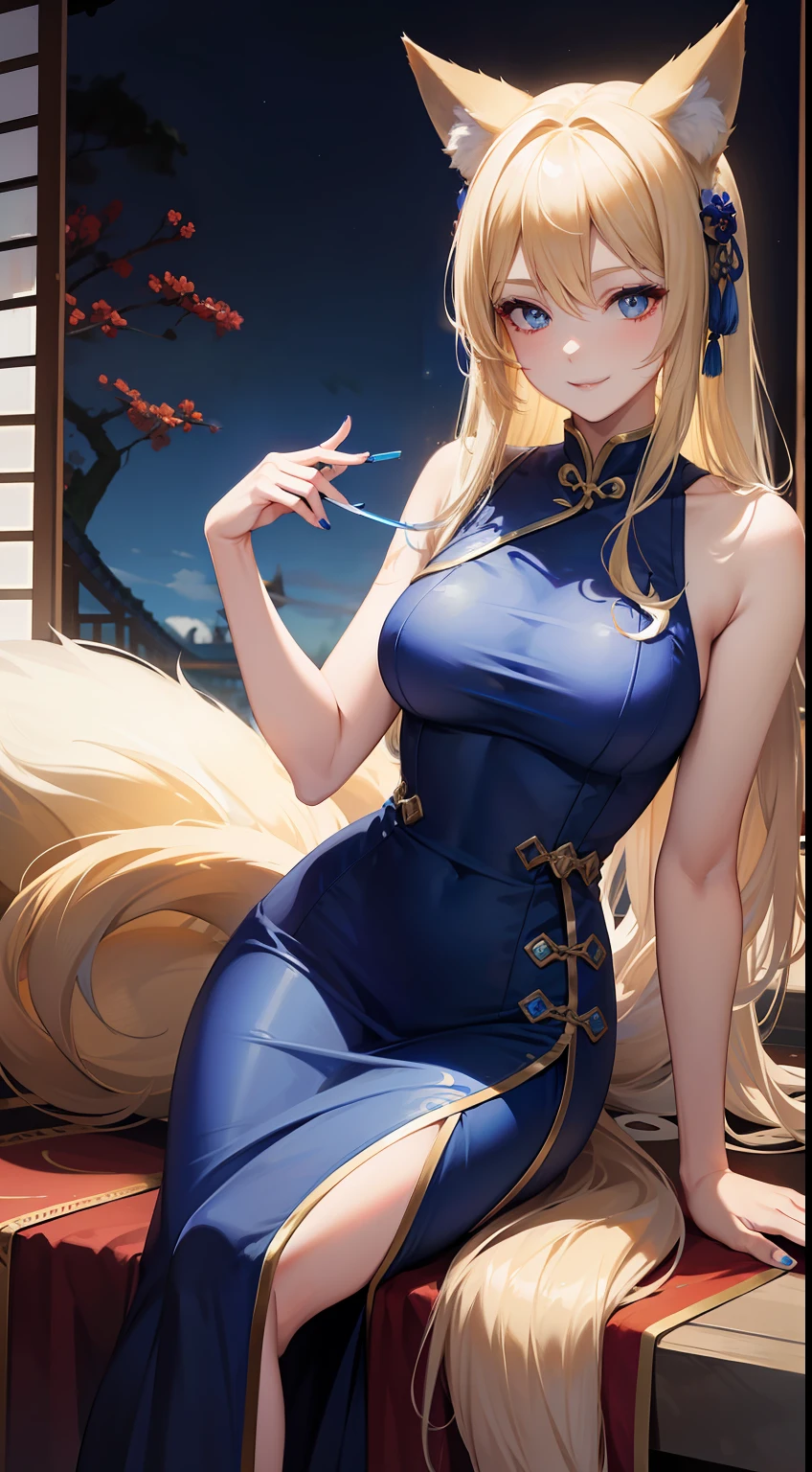 Adult woman, longue blonde hair, The eyes are blue, fox ears and tail, Chinese dress, ssmile, blue lipstick, Masterpiece, hiquality