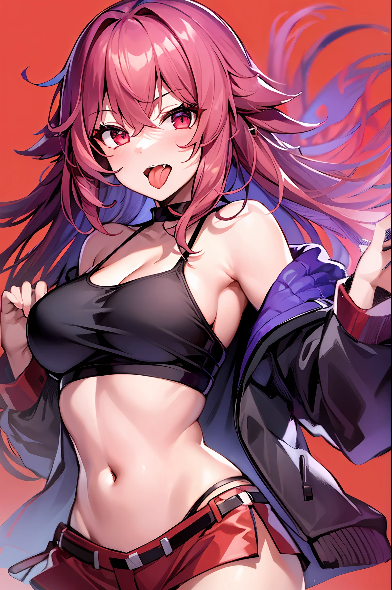 (((1girl))), hands up, long hair, tank-top, jacket, open shoulder, cowboy shot, bikini, medium breast, red background, open mouth, stick out her tongue out at viewers, red eyes, flushed, yae miko