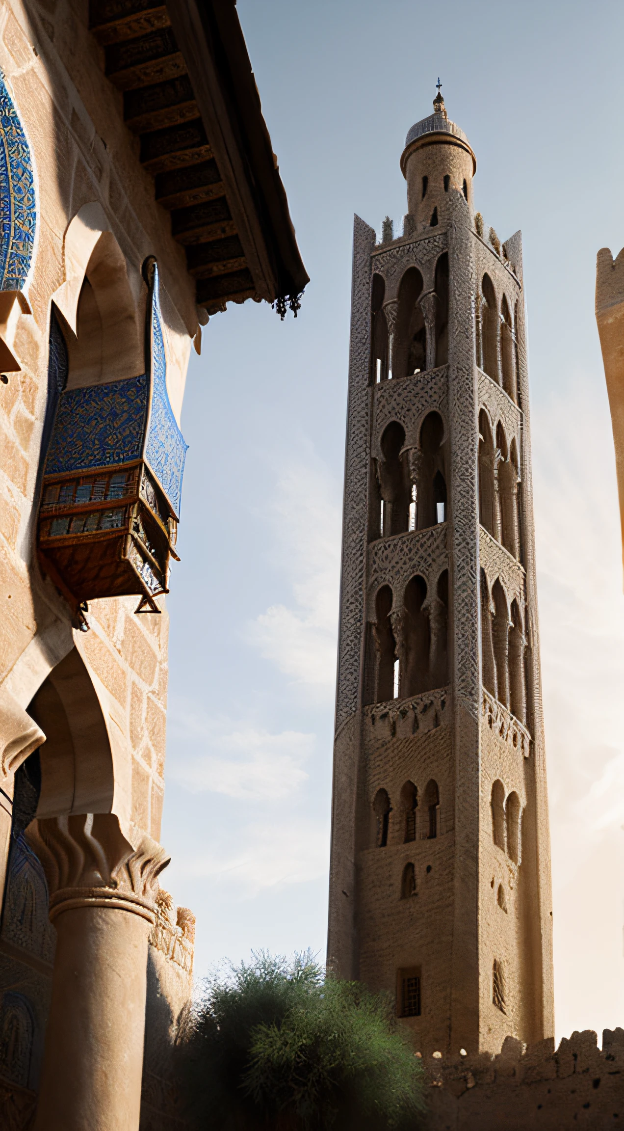 close up depiction of a medieval fantasy north african traditional tower, exterior, medieval fantasy north african architecture, elaborate, in a medieval fantasy north african traditional city, (backlighting), realistic, masterpiece, highest quality, lens flare, shade, bloom, [[chromatic aberration]], by Jeremy Lipking, by Antonio J. Manzanedo, digital painting
