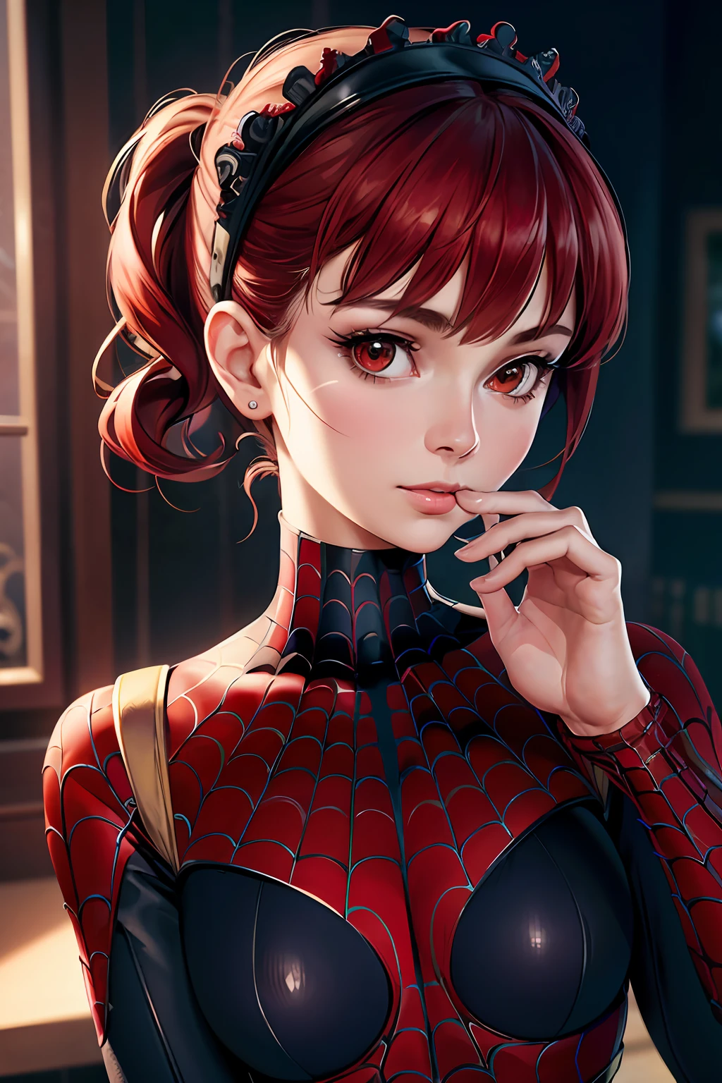 best quality,game cg,1girl, masterpiece, best quality, 8k, detailed skin texture, detailed cloth texture, beautiful detailed face, intricate details, ultra detailed, audrey hepburn, Spider-Man uniform, straight red hair, (Half body:1.2)