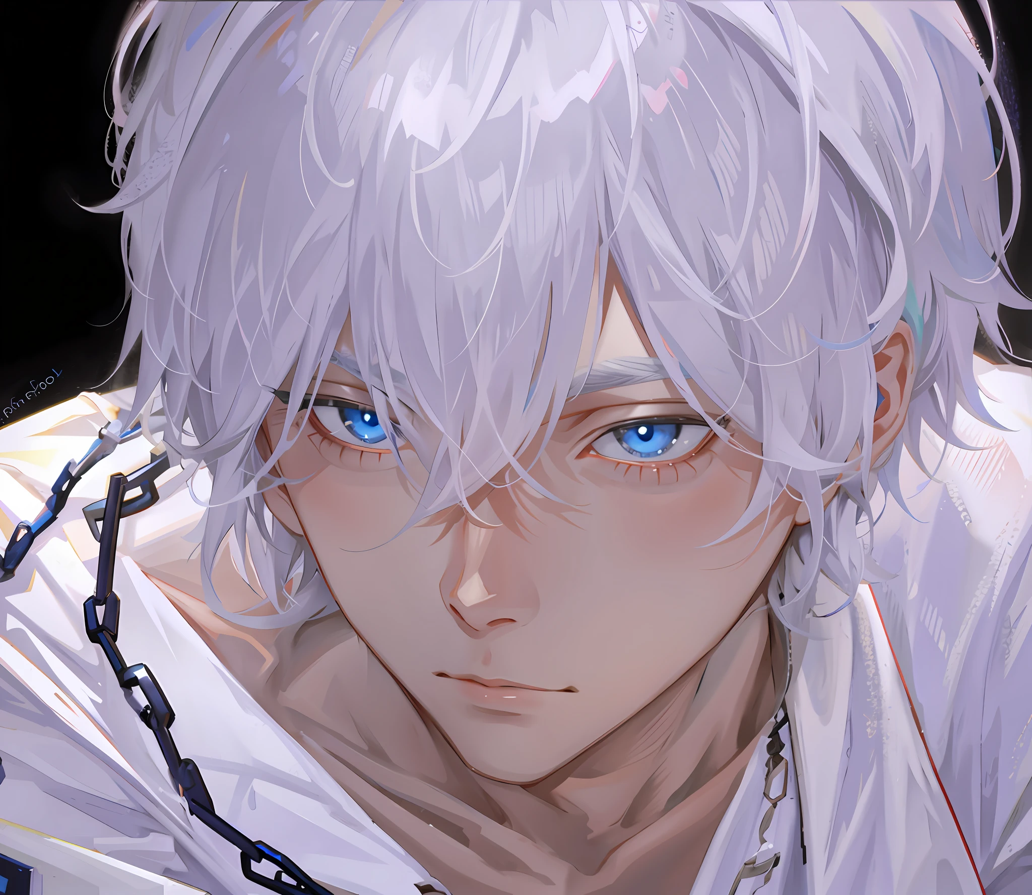 White hair，Restraints，blue colored eyes，Libido boy，cool guy