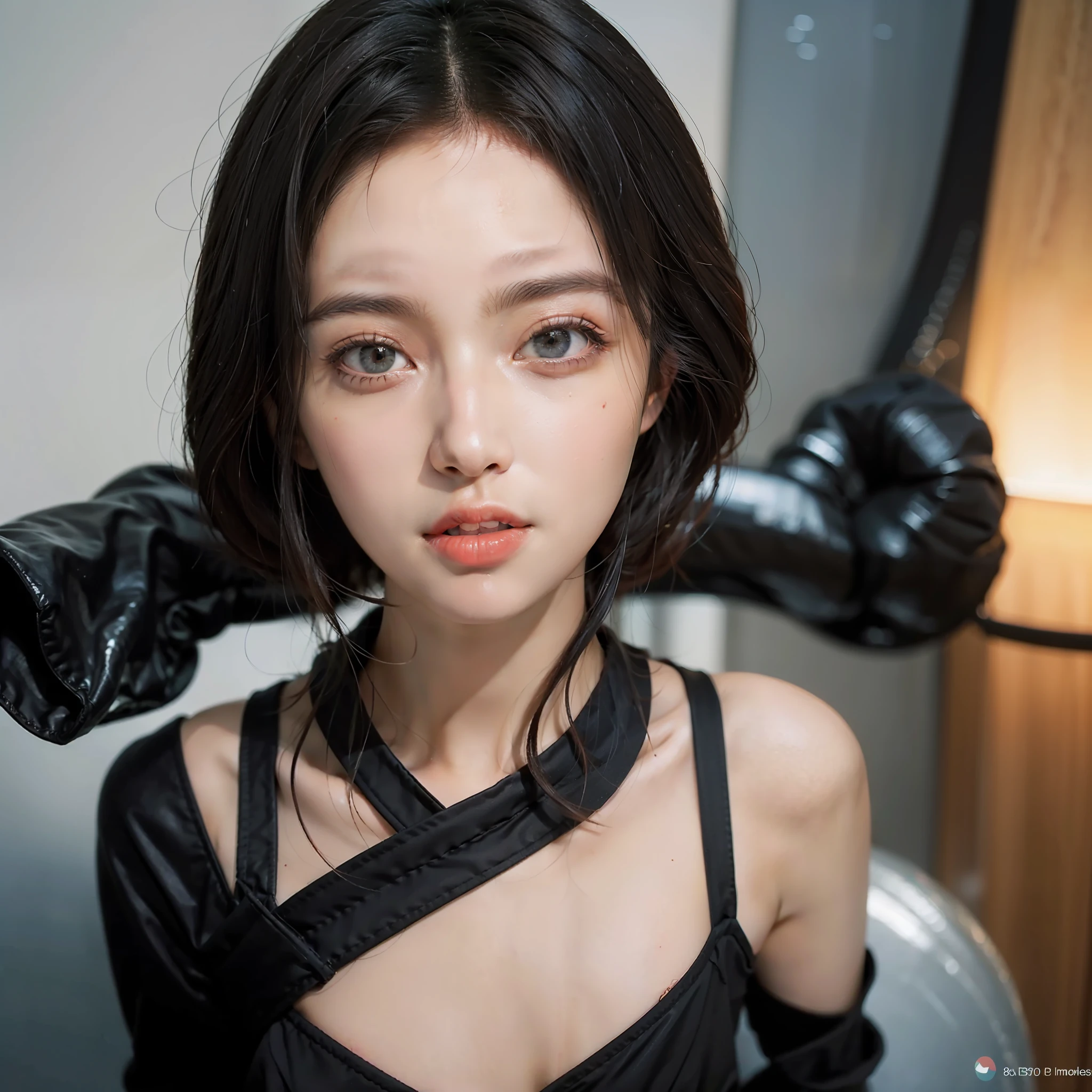 (Real))))photore, ((full body:1.1)), Best quality, 1 girl, hyperdetailed face, Detailed lips, Detailed eyes, Double eyelids, Beautiful face, Beautiful eyes, (Glossy), Orange hair, Thin waist, Best quality, Pale skin, , Plug Suit 02, Black background, (Face and eye details:1.1) , self-righteousness, Blush, ((Shy)), Very delicate and beautiful girl, Dynamic pose, (to8contrast style),