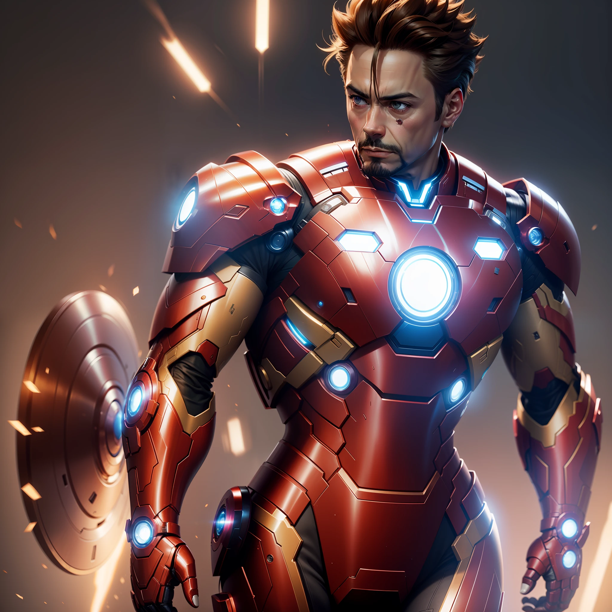 Avenger Iron Man,Glowing eyes and glowing armor, superior iron man, Iron Man,, HQ 4K wallpaper, 8k render”, high detail iconic character, 3D rendered character art 8 K, CG art, cgartists, 8 k cg render, portrait of iron man, Made with Unreal Engine, mkbhd as iron man,CG special effects,high detal,The body color is golden,white colors,red colour,photorealestic,Glowing chest,mechs,mechanical sense,Futuristic,Realism,The Avengers,Robert Downey Jr,Future wind,High sharpness,high saturated,High precision,muscline,Tony Stark