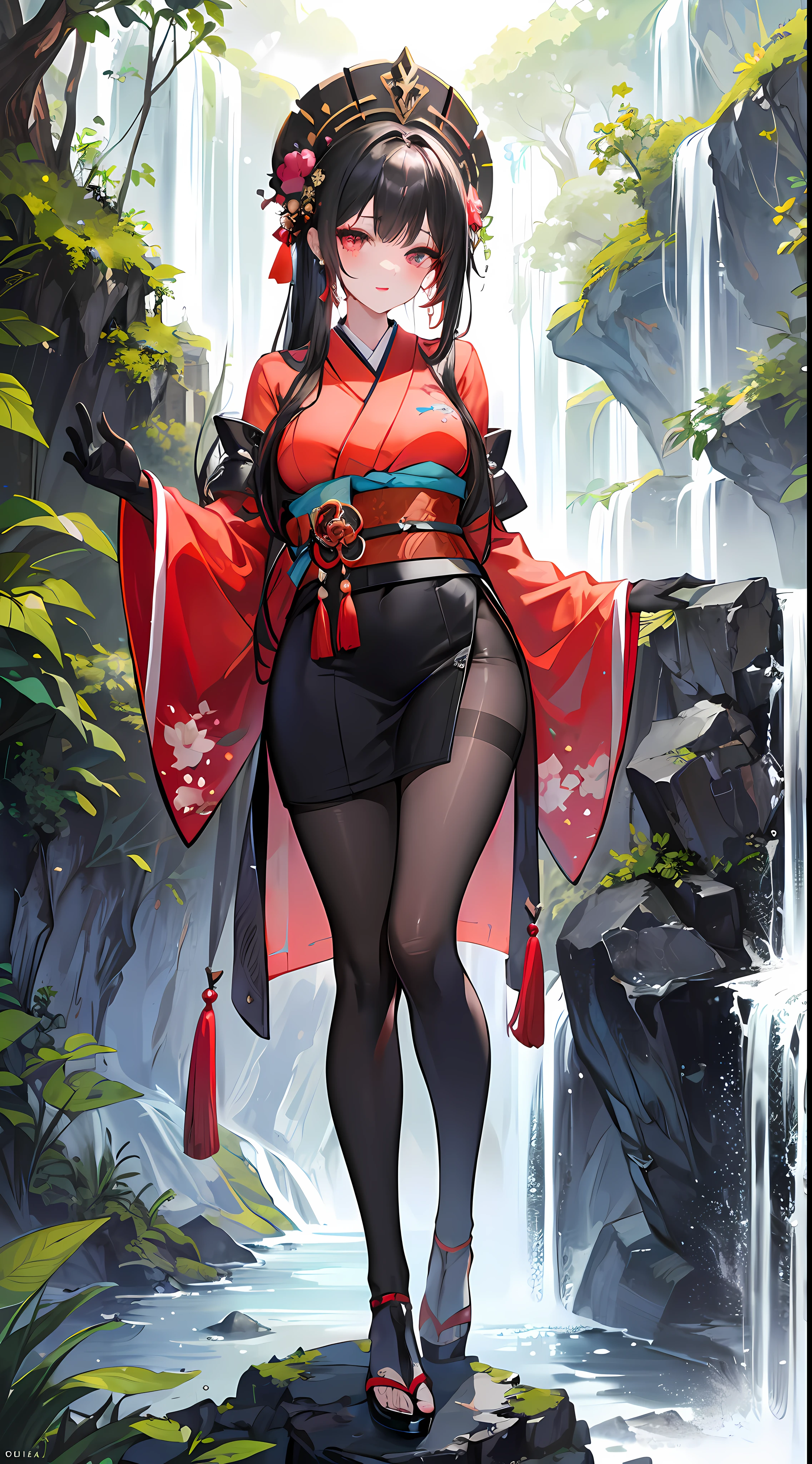 1girl, (solo:1.2), (half body shot:1.2), (Beautiful and detailed eyes description), (Beautiful and detailed face), Perfect female body, neat figure, slender waist, (young girl), (25 years old), long hair, red and black mix hair, very big eyes, glowing red eyes, large breasts, blush, wondering, lipstick, makeup,
demon, (tight clothes, sexy kimono:1.2), (black gloves:1.2), (black pantyhose:1.2), high heels, necklace, earrings, beautiful nature surrounding by waterfall,
(best quality), (ultra detailed), (masterpiece), (highres), (original), (extremely detailed CG unity 8K wallpaper), character design, game cg, detailed manga illustration, single character