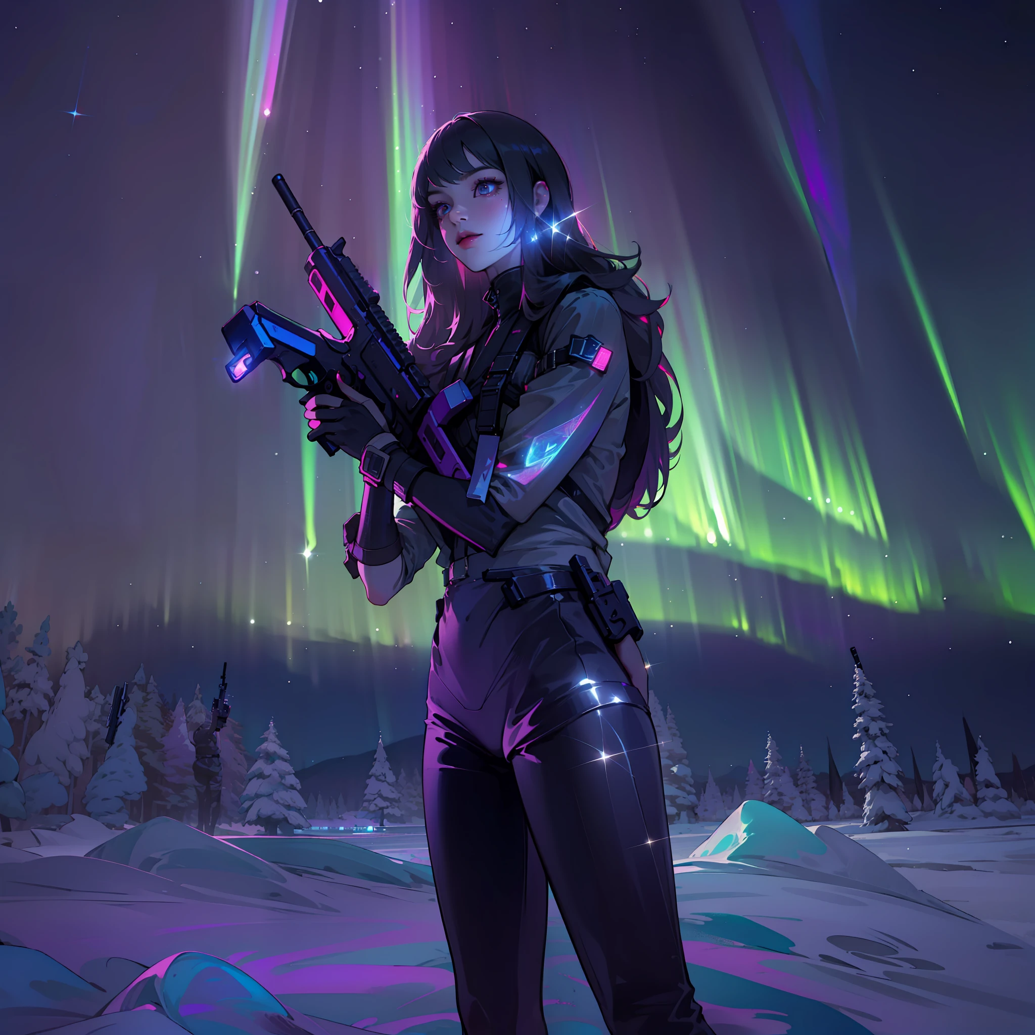 (A girl holding a gun:1.2), standing under the aurora borealis, with a heroic and striking posture, showcasing the contrast of light and darkness, and the special effects of the aurora best quality high details super detail, cinematic lighting, sparkle, ray tracing, textured skin