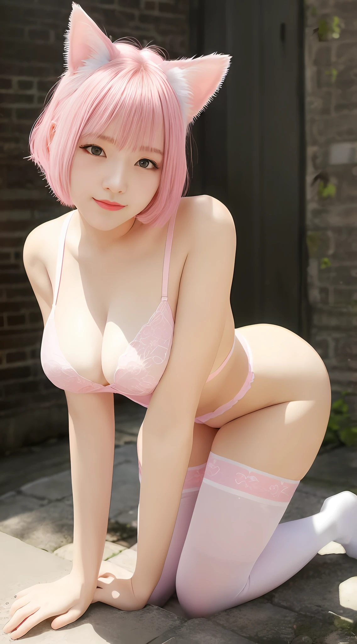 PINK Underwear、White stockings、Back alley、all-fours、Slouched、A smile、Cat's ears、Pink hair、short-cut、top-quality、​masterpiece、Realistic Photos、huge-breasted、Low angle photo from the ground