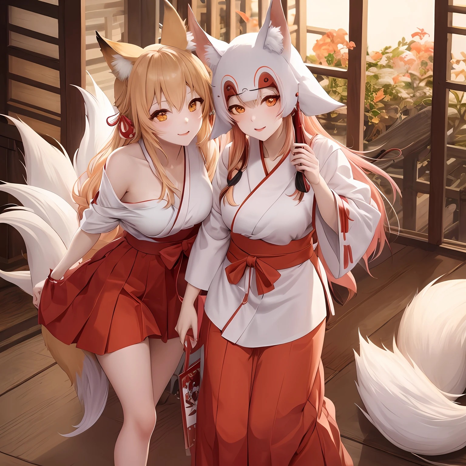 Anime girl with card holding red skirt and white yukata,ocher hair、 fox nobushi, foxes, Fox three-tailed fox, with kitsune mask, けもの, a beautiful kitsune woman、unrealengine