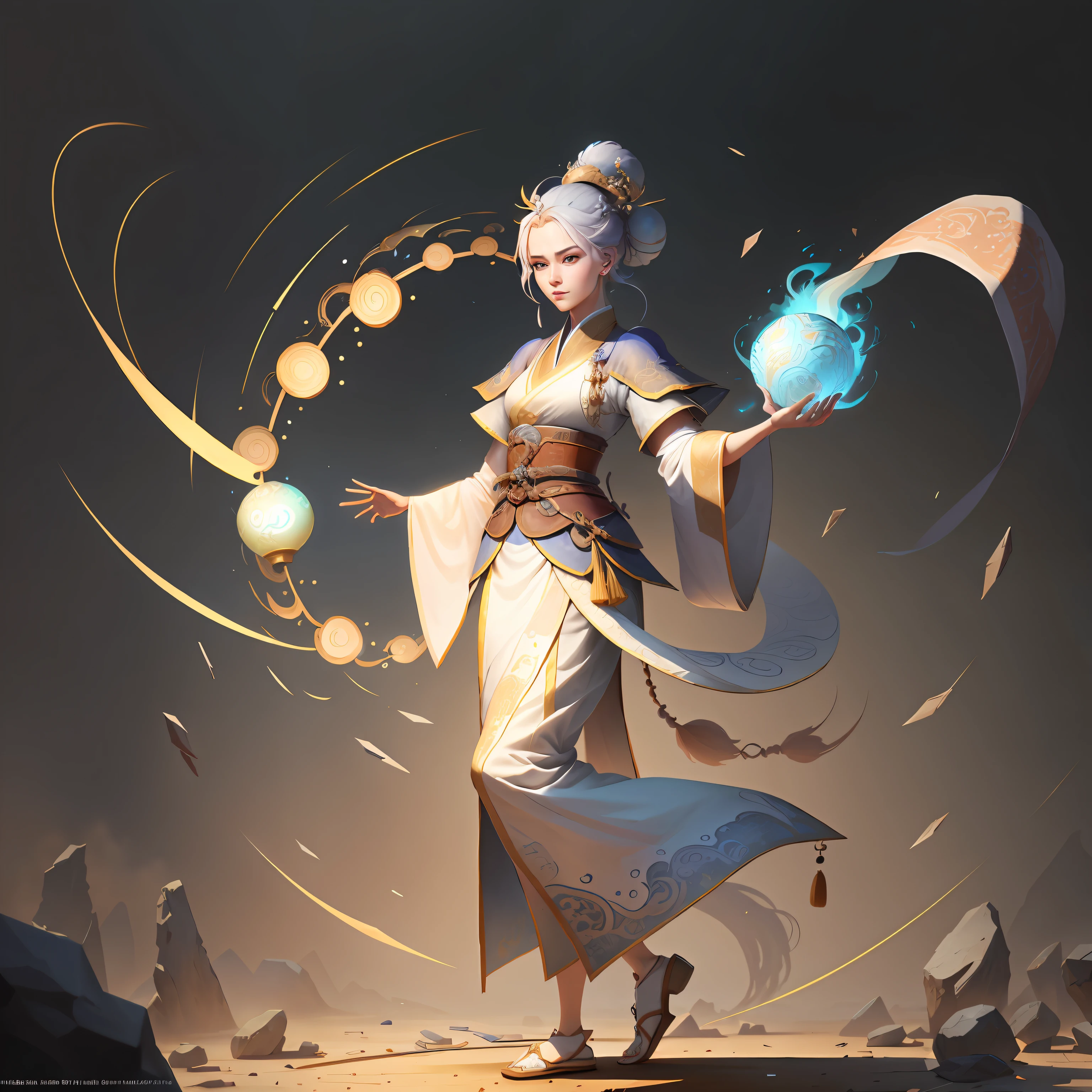 full body shot of,white backgrounid,A middle-level strategist during the Three Kingdoms period in ancient China,She is an 18-year-old woman,Wearing a traditional Hanfu robe with exquisite embroidery on the robe,Wear a bun on your head,Hand held fan,Look confidently into the distance,Elaborate Eyes,Mid-level general,dynamicposes,Game character design style,character design,8K,HD