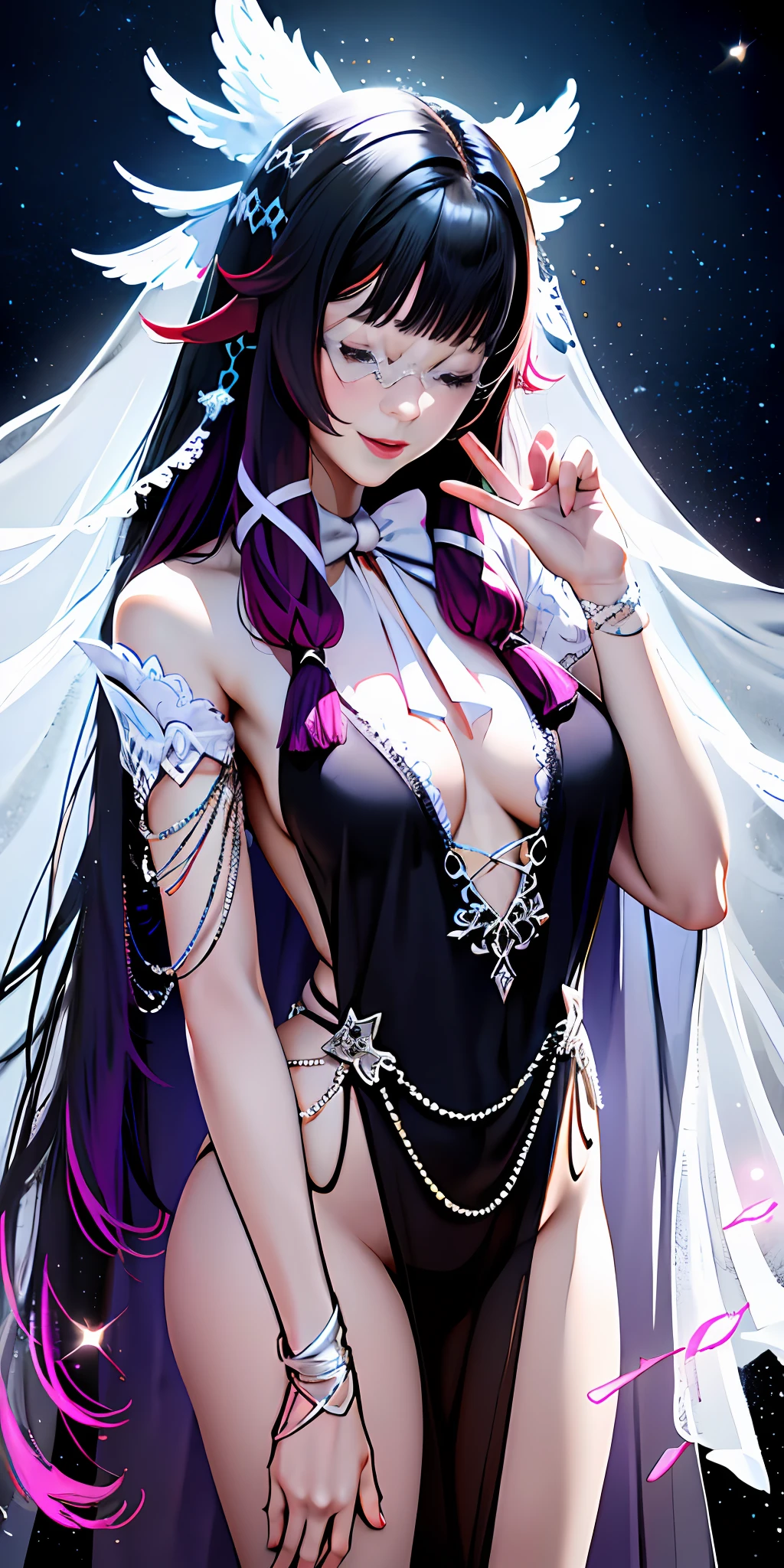 ((Masterpiece, Best Quality)), Perfect Details, Unity 8k Wallpaper, Official Art, Genshin Shock, Young Beautiful Girl, Solo, Model Figure, Shiny Skin, Long Purple Hair, Delicate Hair, Short Smile, Closed Eyes, Closed Eyes, ((White Grid Veil)), Shy Expression, (Black Fur Shawl), White Cloak, Sexy Pose, (Perfect Fingers), Seduce, Seduce, Stand, Background is Dream Void, Stars, Moon, Mist, Edge Light, Real Light and Shadow, Close Up，