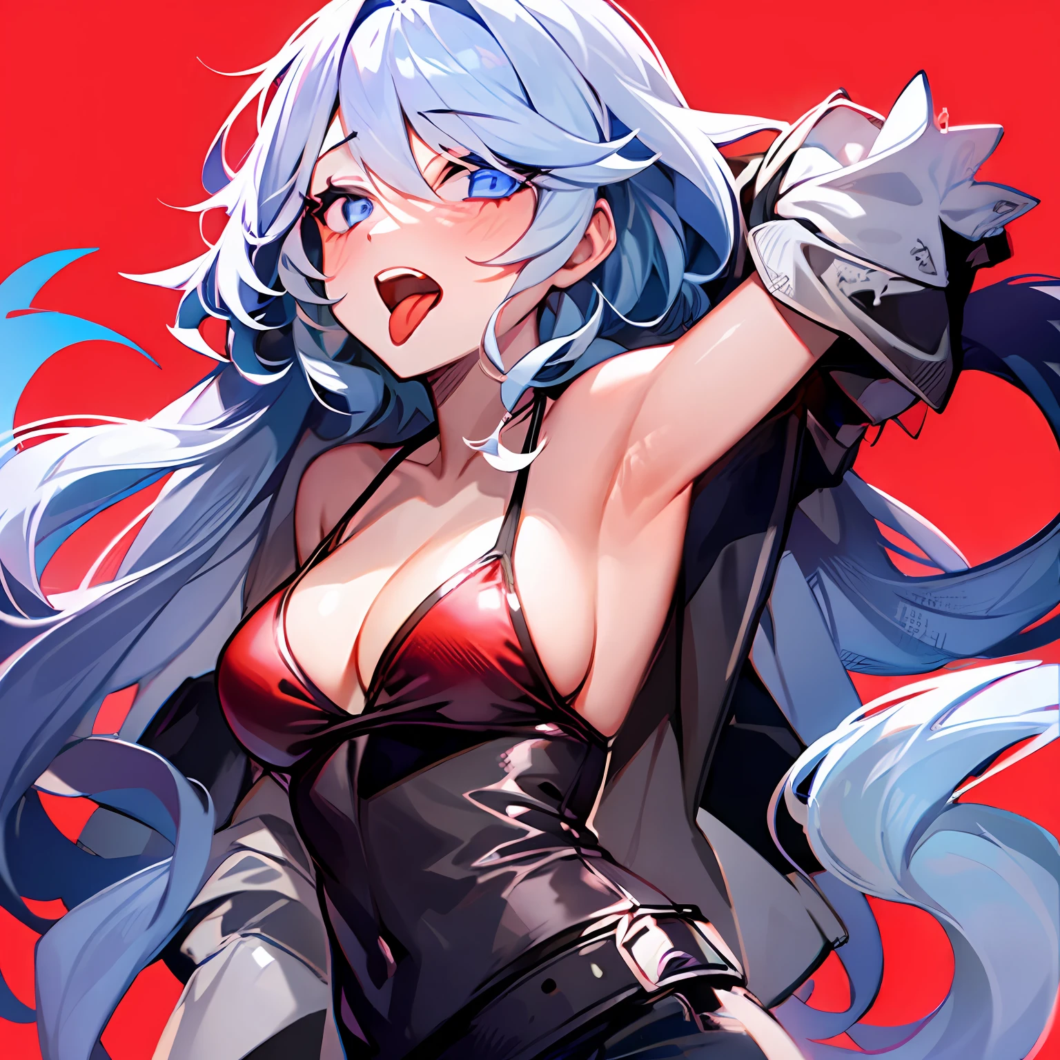 (((1girl))), hands up, long hair, tank-top, jacket, open shoulder, cowboy shot, bikini, medium breast, red background, open mouth, stick out her tongue out at viewers, red eyes, flushed, Focalors