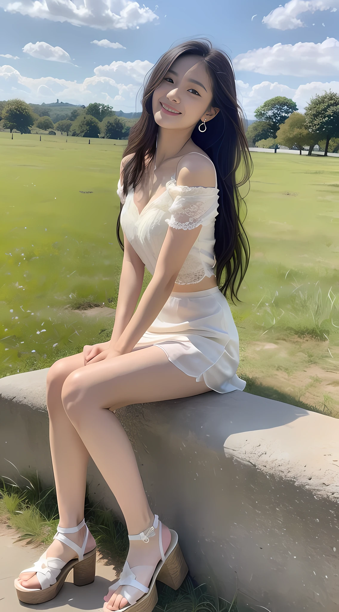 a young, Beautiful cute girl，Full body photo，Extremely beautiful and delicate，Black color hair，A sweet smile，Delicate and beautiful fair skin，Realistic and realistic，exquisite and complete facial features，Detailed depiction of the face，tall nose bridge，Smooth hair，extremely detail hair，Feminine temperament，Fill your face light，Tall and tall，Thin，Realiy，Hyper-realism，Platform sandals，full body shot shot，Forward tilt angle,Extreme picture quality,Highest precision,Precise and perfect human anatomy。with blue sky and white clouds，Sitting on the Steppe，with blue sky and white clouds，rays of sunshine，Cows, sheeps, (White chiffon skirt)Panties are clearly visible. （telephoto shot，）Express the landscape，Highlight portrait。Wearing earrings