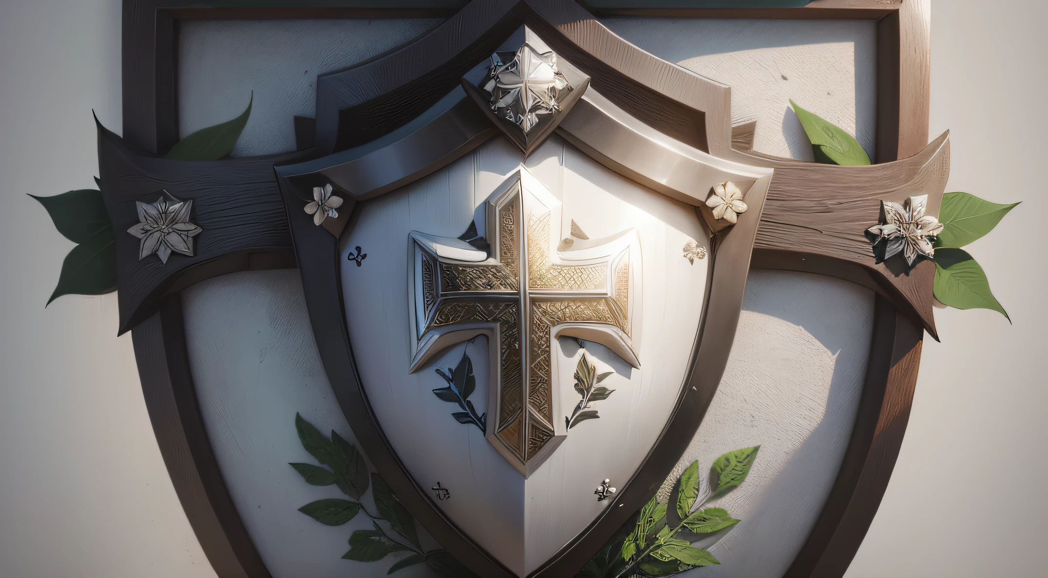 A shield with a cross is placed together on the flowers and leaves, Fantasy Shield, Shield emblem, Shield Design, Sharp metal crest, Rendered in Keyshot, super detailed rendering, Rendering in Cinema 4 D, high-quality rendering, digital painting, White wall,