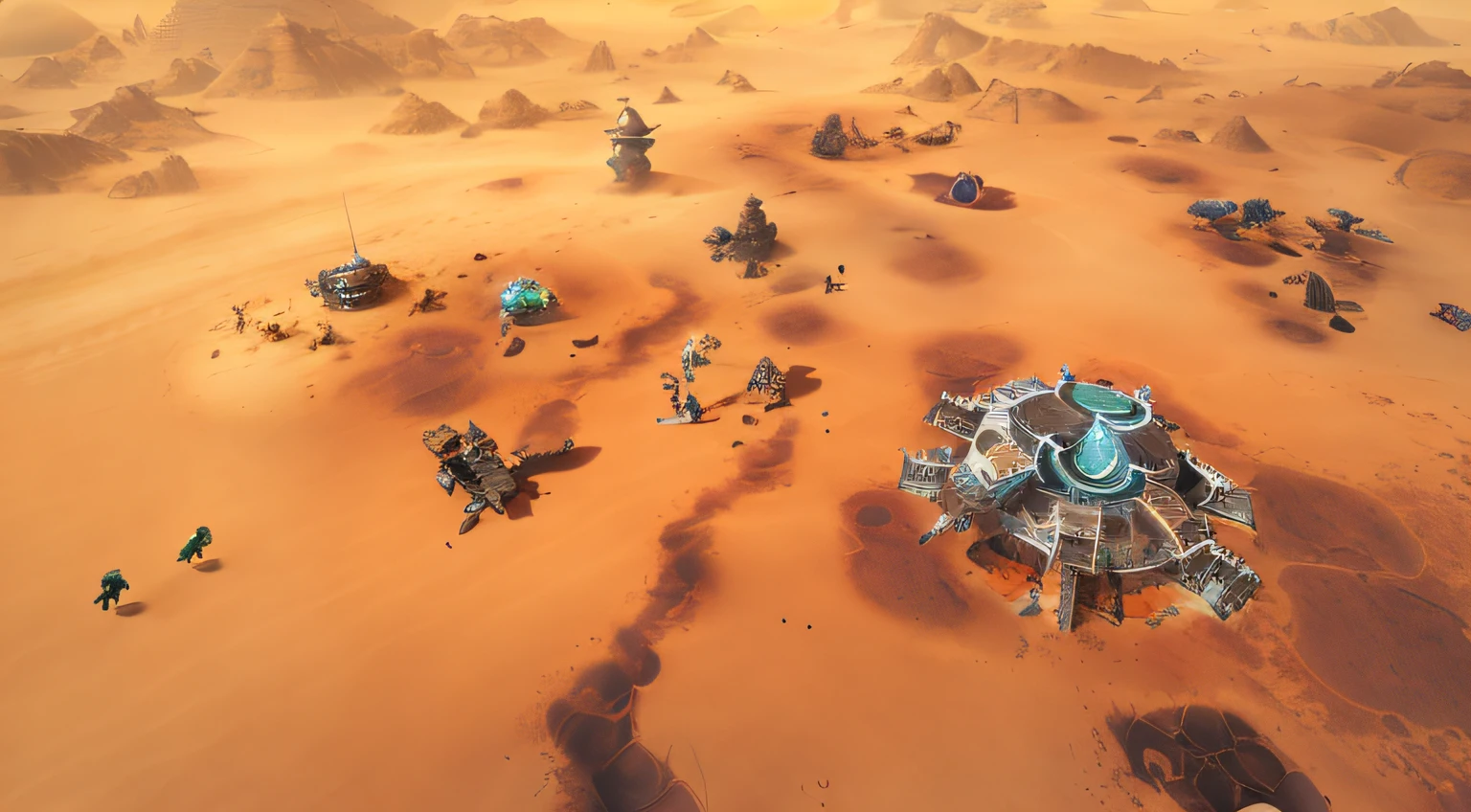 There is a small building in the middle of the desert, planetary annihilation titans, Arakis, in an arena in dune 2021, On a distant desert planet, somewhere in sands of the desert, Planet Arakis, across an alien landscape, an alien landscape view, planetarylandscape, wide shot of a spaceship battle, arid planet