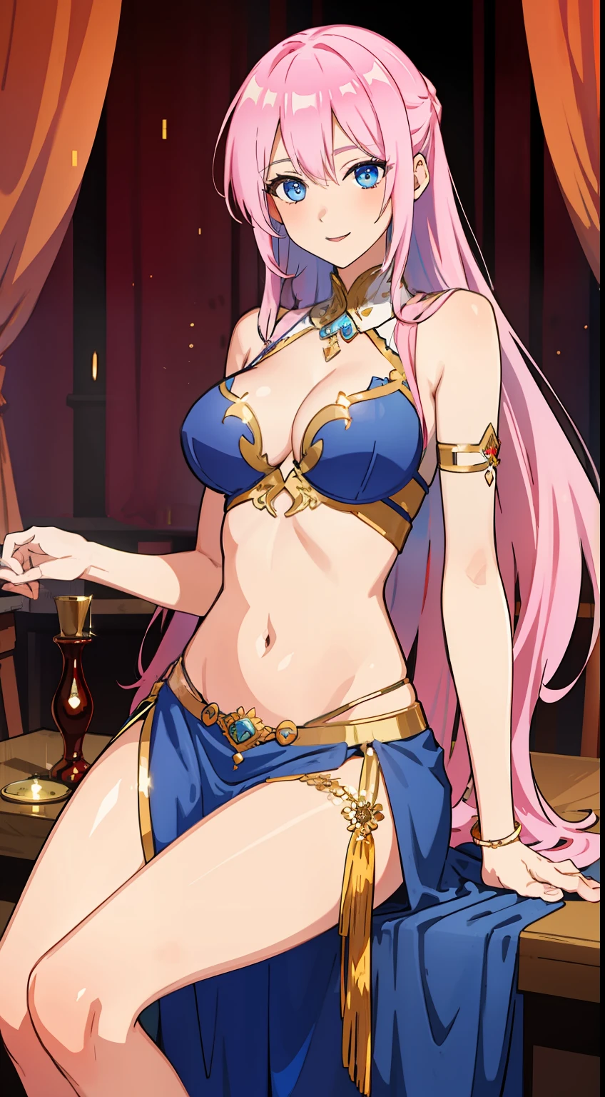 shikimori, medium breast, slim legs, blue gown, navel, skirt, standing, beautiful eyes, blue eyes, happy, arabian belly dancer, stage, sitting