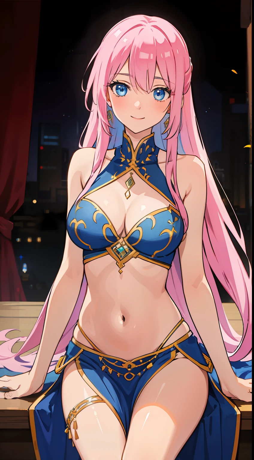 shikimori, medium breast, slim legs, blue gown, navel, skirt, standing, beautiful eyes, blue eyes, happy, arabian belly dancer, stage, sitting