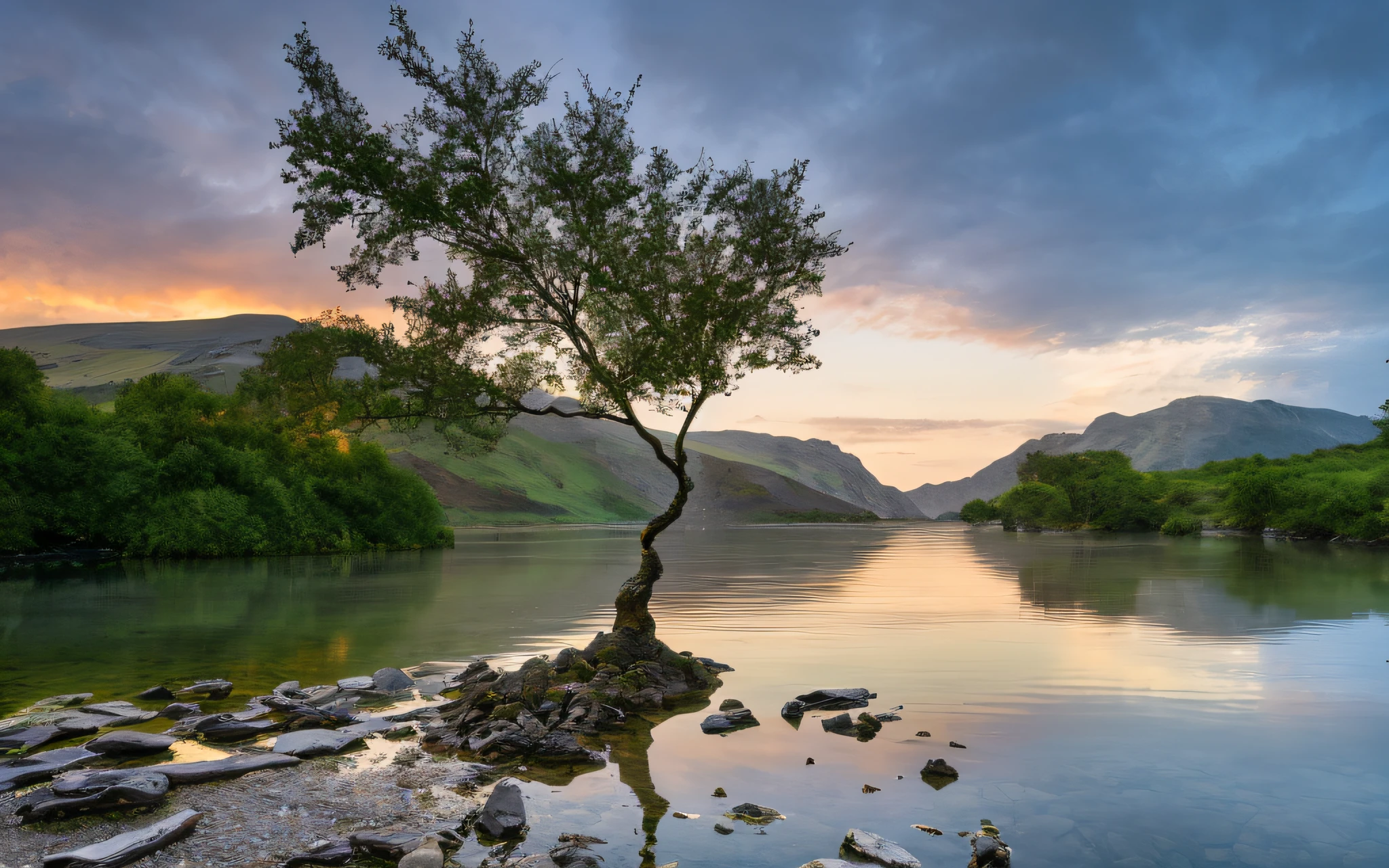 Arafeld tree on a rocky coast,The background is a mountain, lonely tree, wales, lpoty, peaceful scenery, harmony of nature, in a serene landscape, award winning landscape photo, calm evening, beautiful serene landscape, the tree is on top of a calm sea, Warm glow, first light, serene scene, calm afternoon, high quality nature photography
