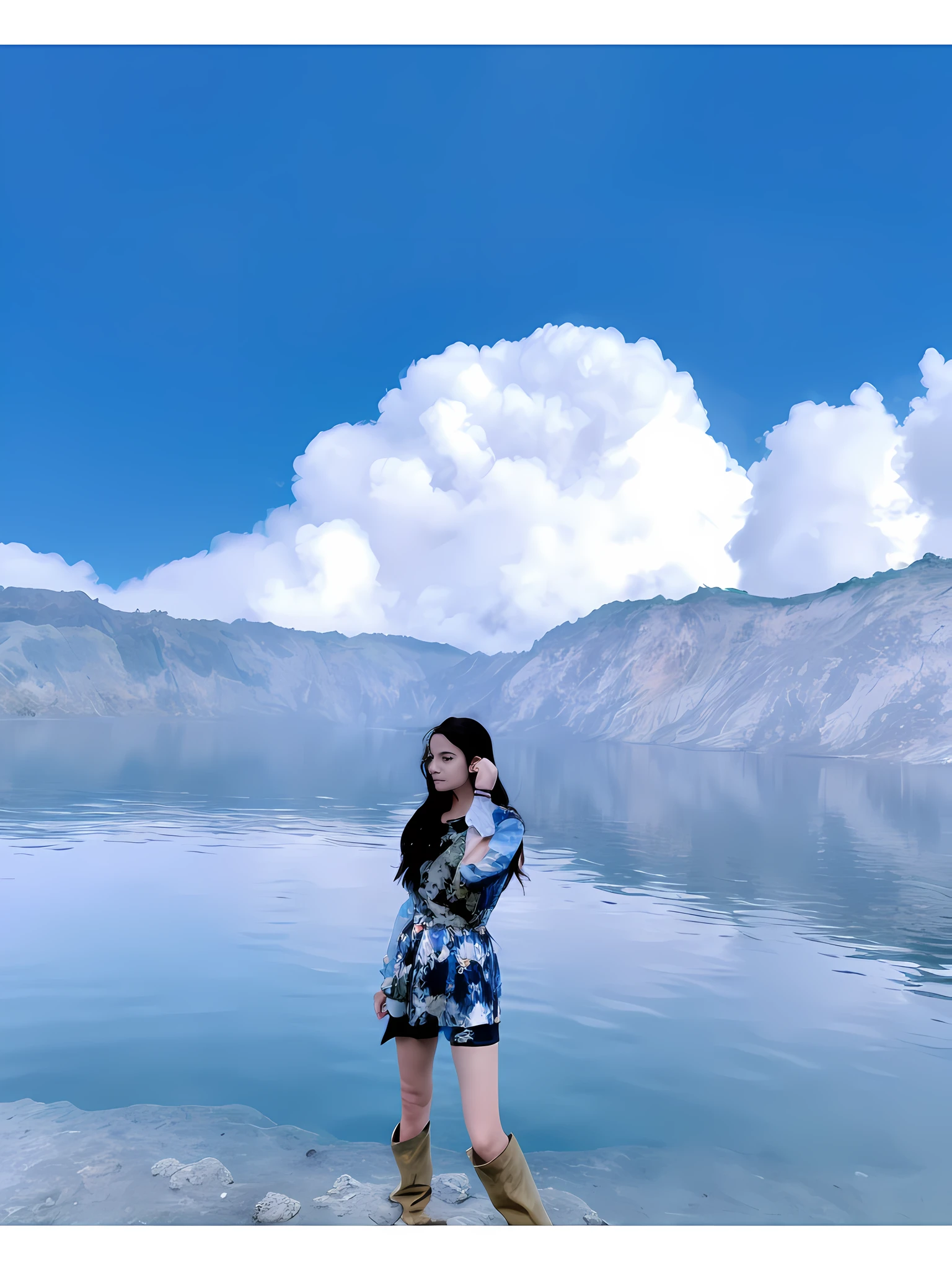 There was a woman standing in the water，in volcano, in a cloud, with dramatic sky, in white clouds fairyland, in lake, background is heavenly, with clouds in the sky, vibrant sky, on cloud, In a lake, in volcano, girl clouds, in the middle of a lake