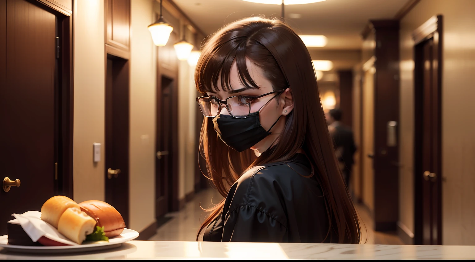 Hotel, One guy, waitor, Look back, Pushing the dining cart, In the hotel corridor, wearing face mask, mole under eye, brown hair, hair over shoulder, side swept bangs, side swept bangs, shiny hair, rimless eyewear, red eyes, angry, shaded