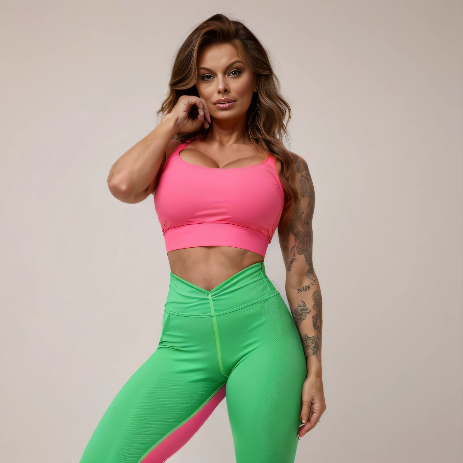 ((Sophia Loren)), Sophia Loren em um top rosa e verde e leggings verdes, verde e rosa, rosa e verde, Topo de colheita, Cottagecore!! encaixarness corporal | | |, two piece workout clothes, Rosa branco e verde, topo de corte, coberto de verde carnudo e rosa, recorte de meio corpo, neon vibes, corpo em forma, Modelo Encaixarness, encaixar, sport bra and shirt